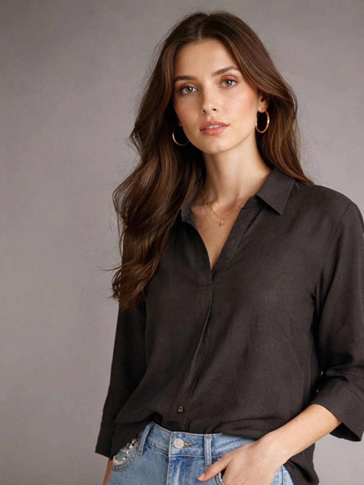 Odette Brown Cotton Blend Solid Top For Women - Image 2