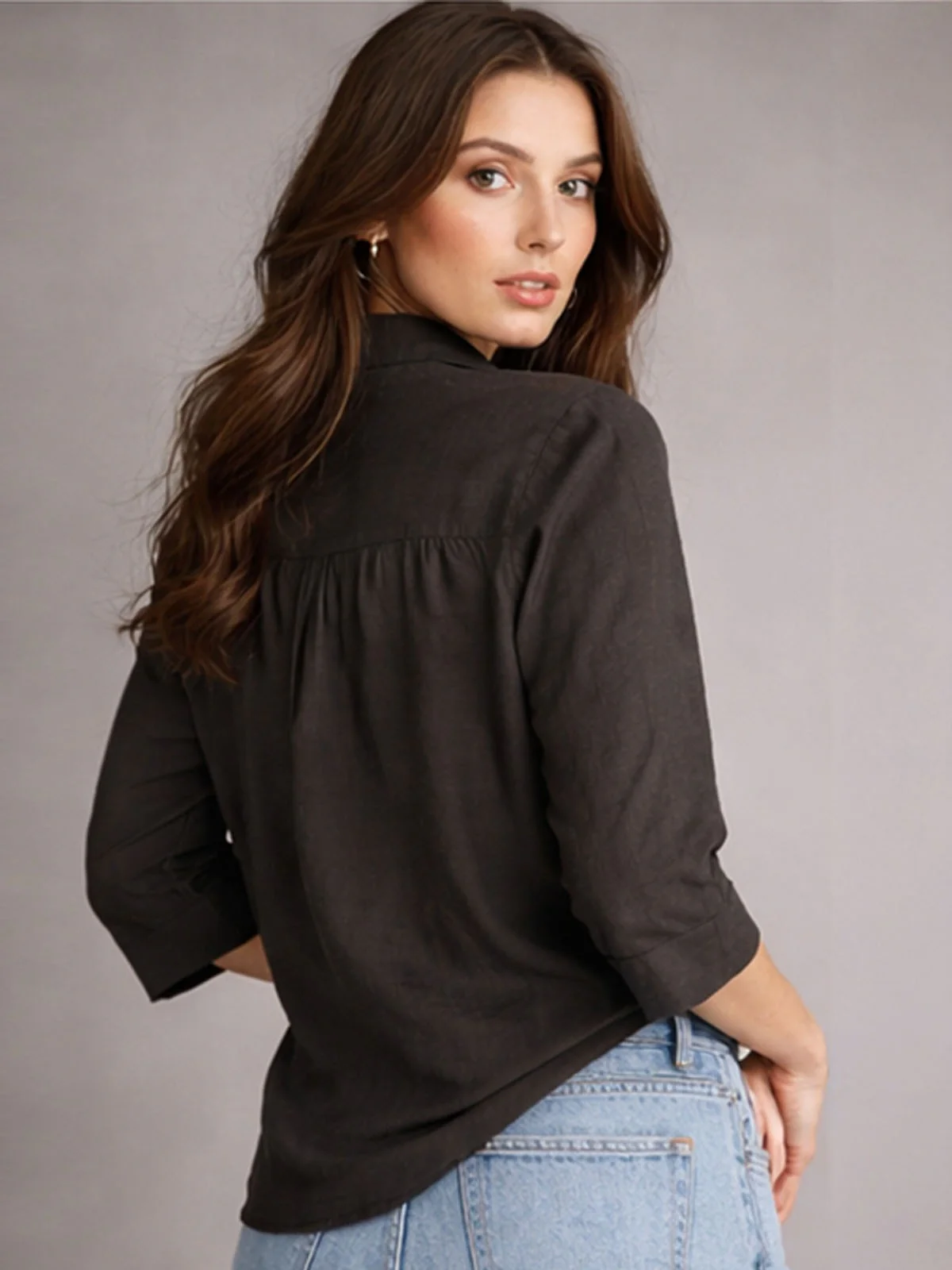 Odette Brown Cotton Blend Solid Top For Women - Image 3