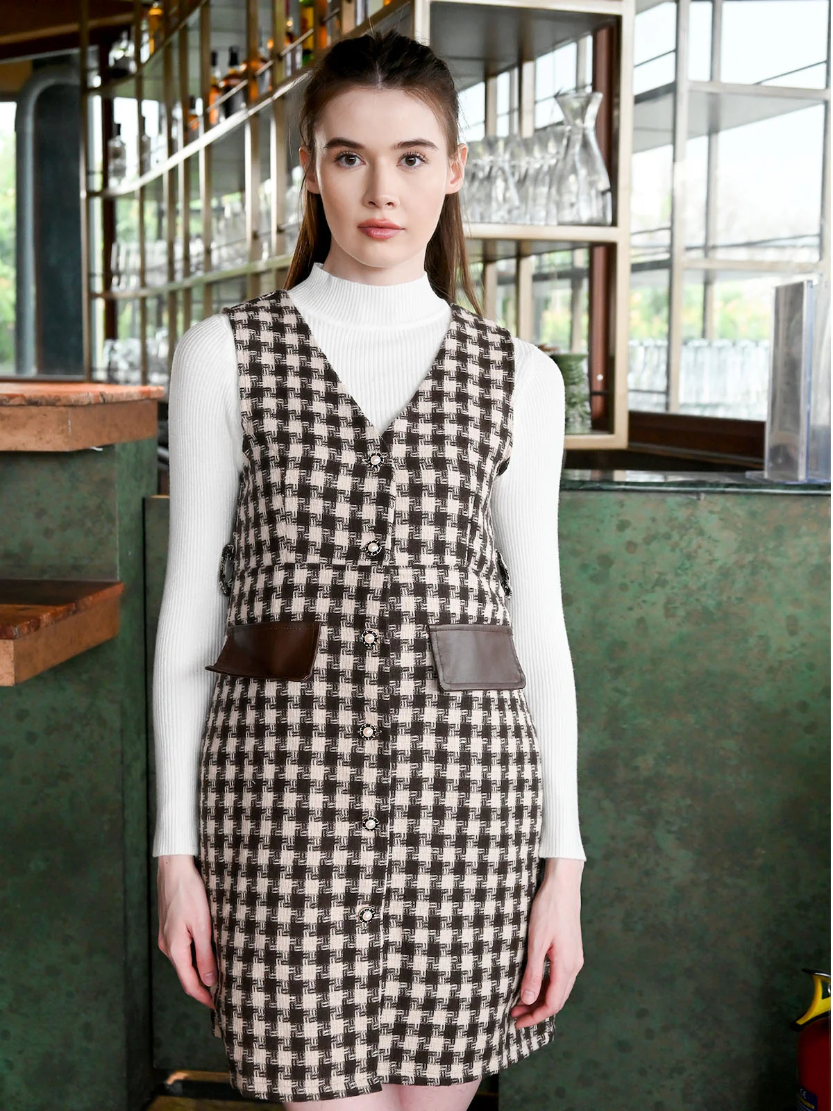 Odette Brown Cotton Rib Checks Dress For Women - Image 5