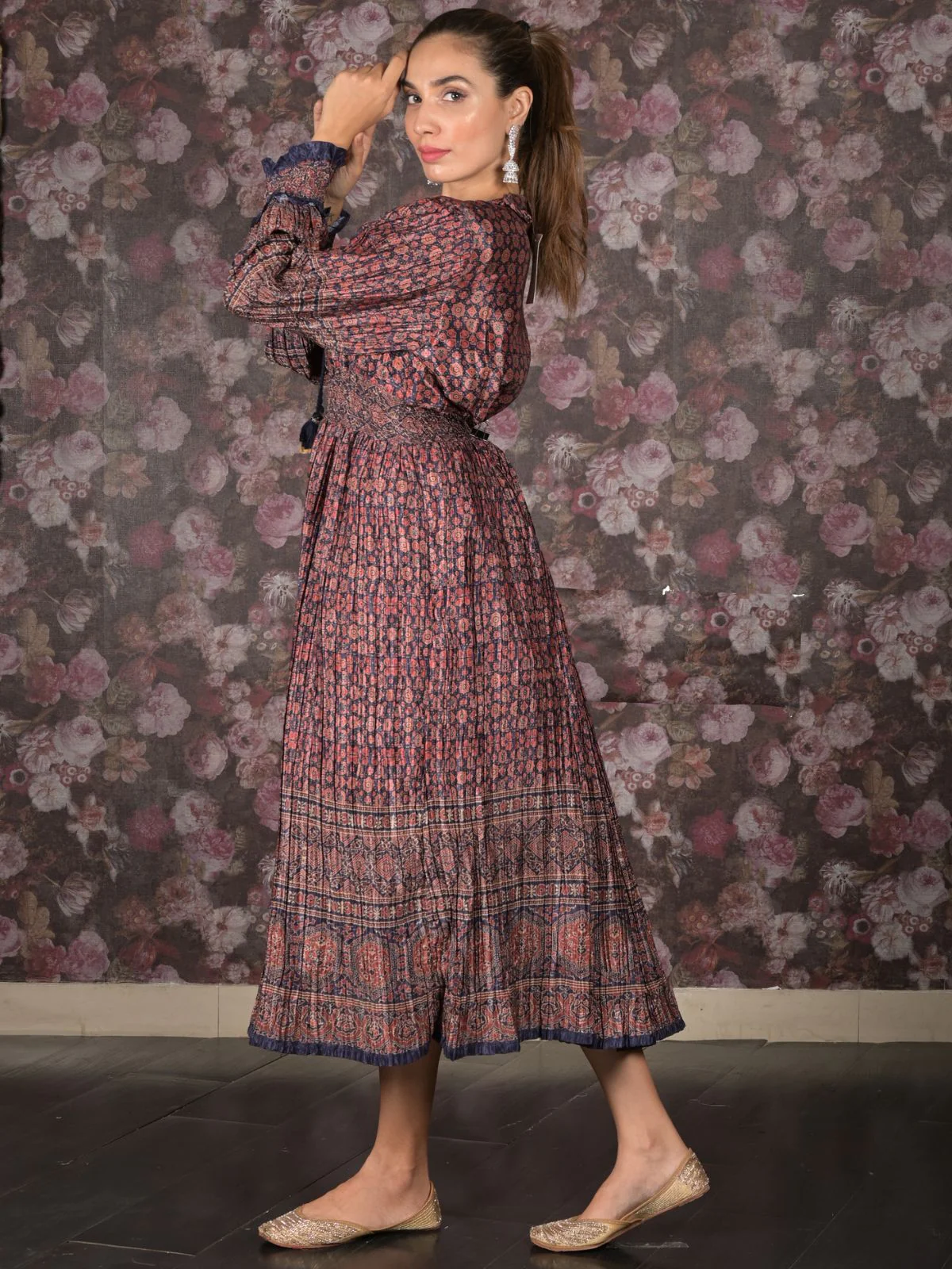 Odette Brown Crushed Chinon Printed Indo-Western Dress For Women - Image 2