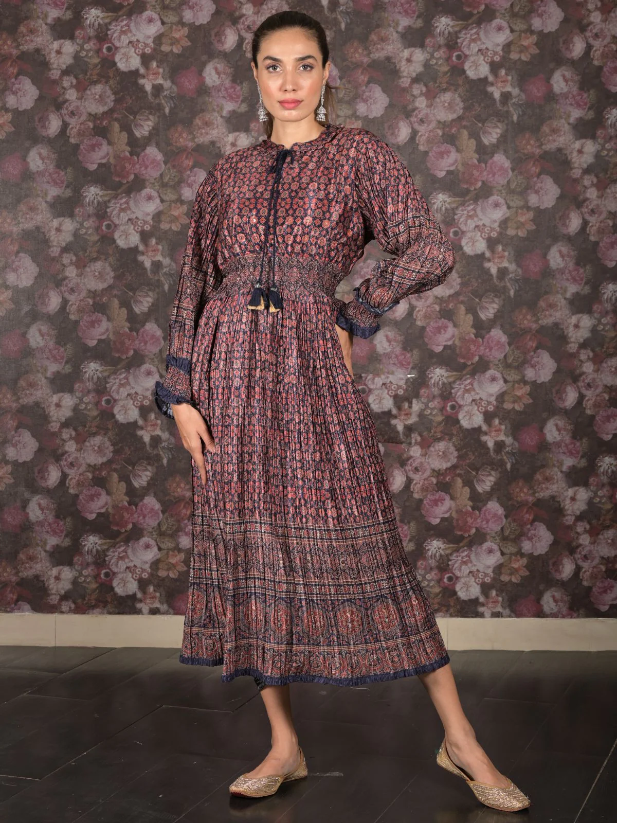 Odette Brown Crushed Chinon Printed Indo-Western Dress For Women - Image 3