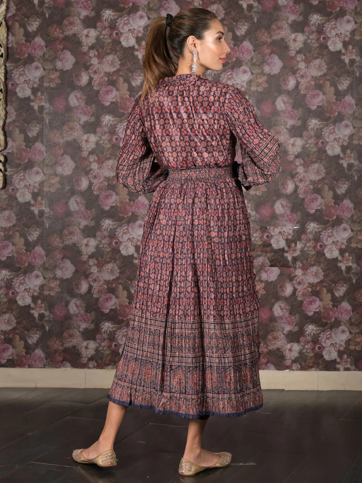 Odette Brown Crushed Chinon Printed Indo-Western Dress For Women - Image 4