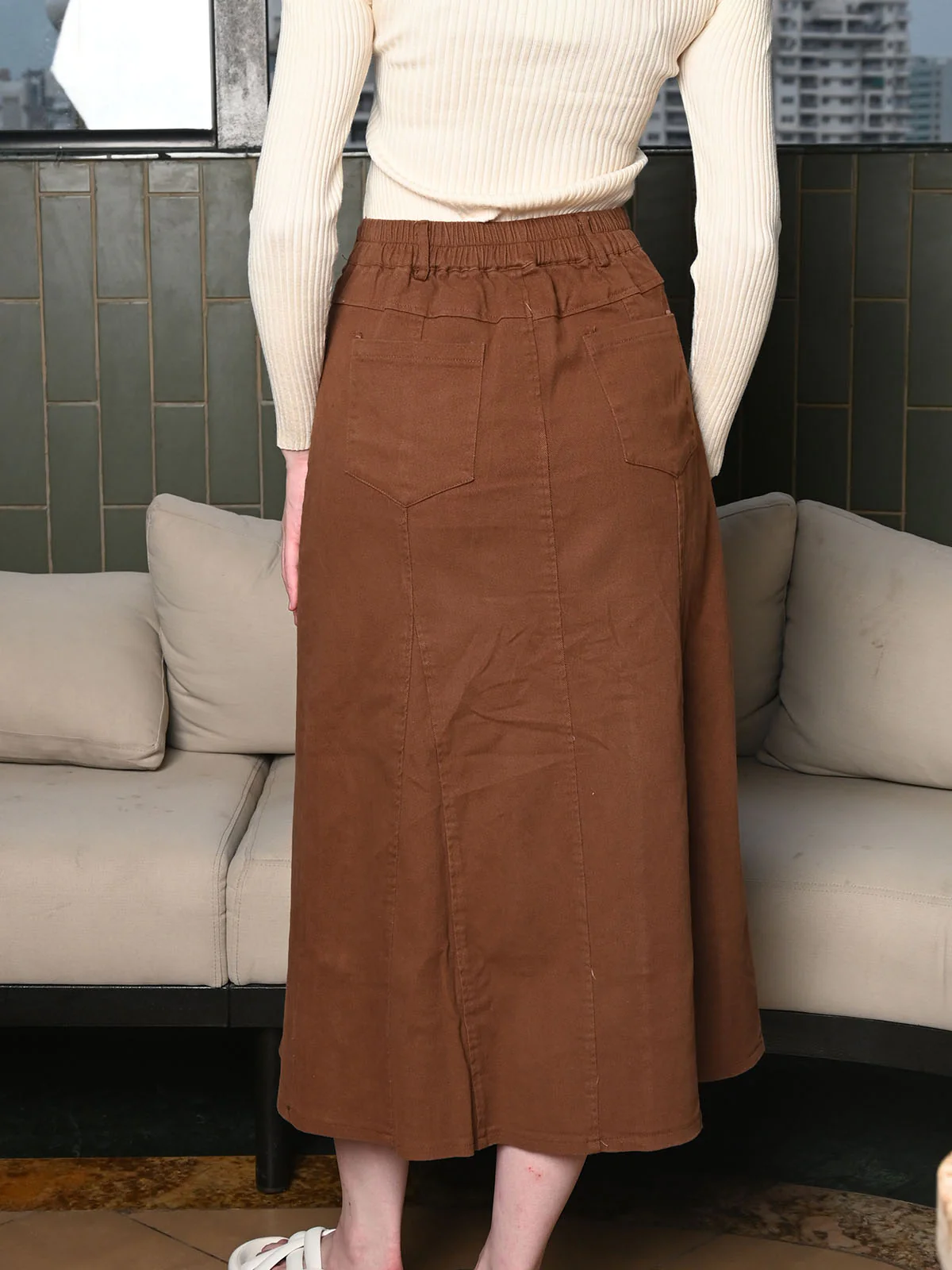 Odette Brown Denim Solid Skirt For Women - Image 4