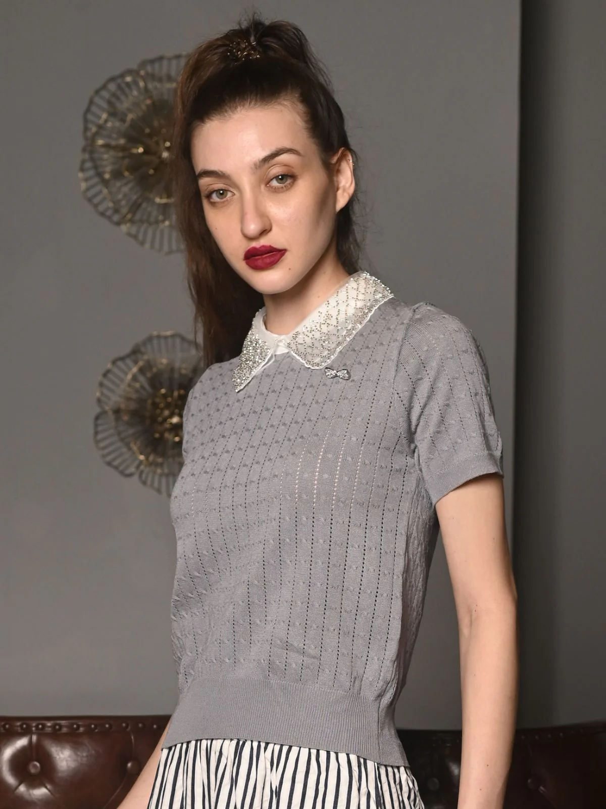 Odette Grey Designed Rib Embroidered Collared Top For Women - Image 3