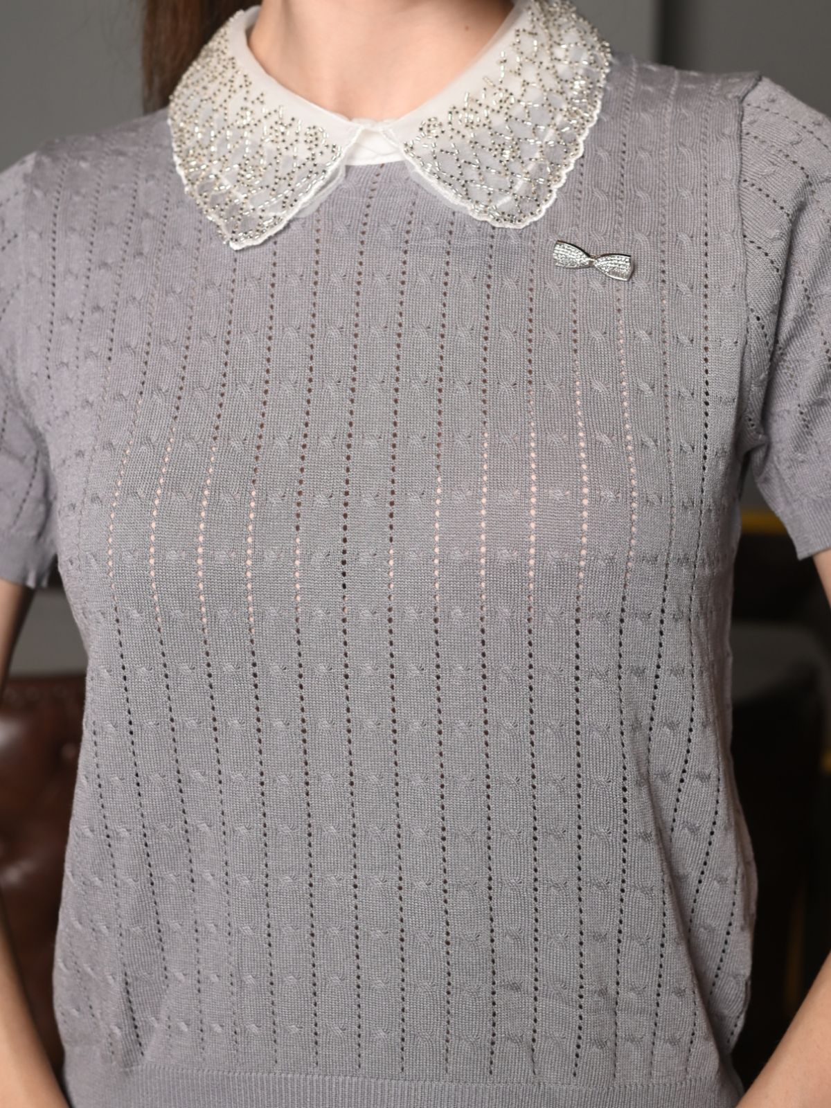 Odette Grey Designed Rib Embroidered Collared Top For Women - Image 5