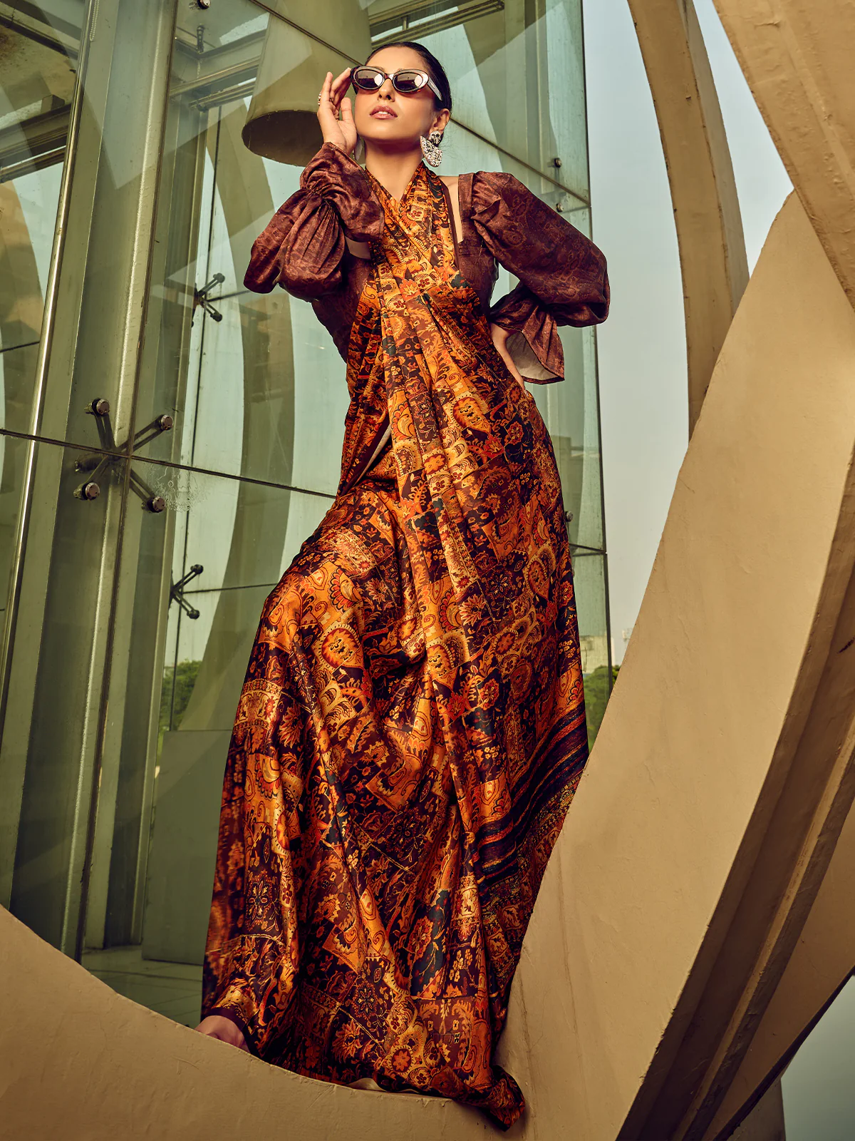 Odette Brown Digital Printed Saree For Women - Image 2