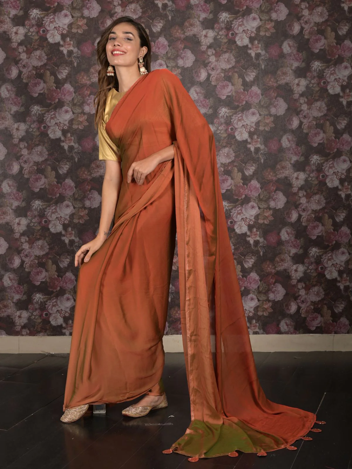 Odette Brown Embellished Crepe Saree with Unstitched Blouse for Women - Image 2