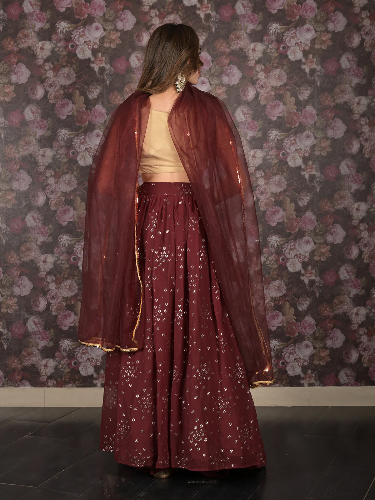 Odette Brown Embellished Georgette Semi-Stitched Lehenga with Unstitched Blouse for Women - Image 3