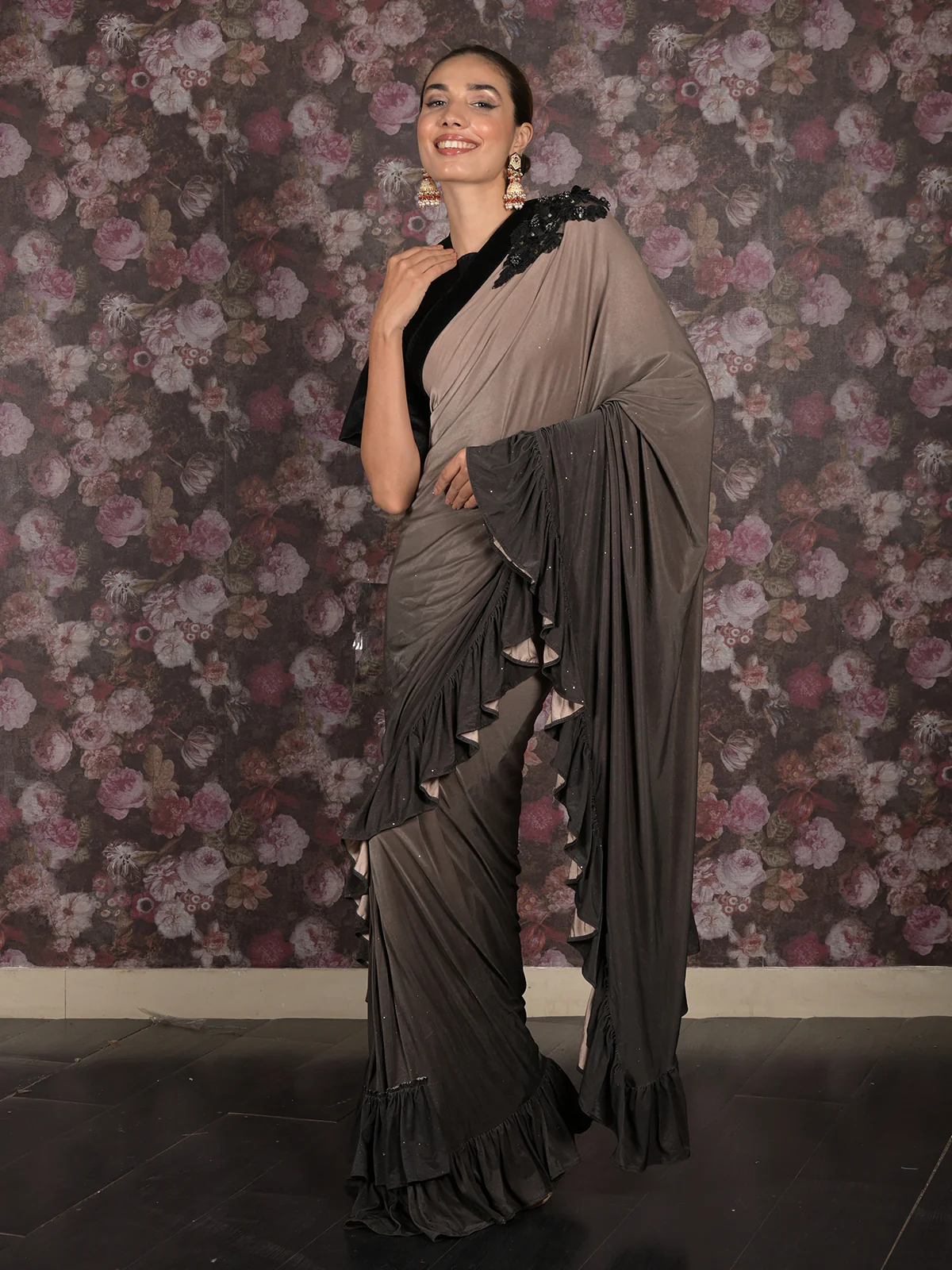 Odette Brown Embellished Lycra Ready-to-Wear Saree with Stitched Blouse for Women