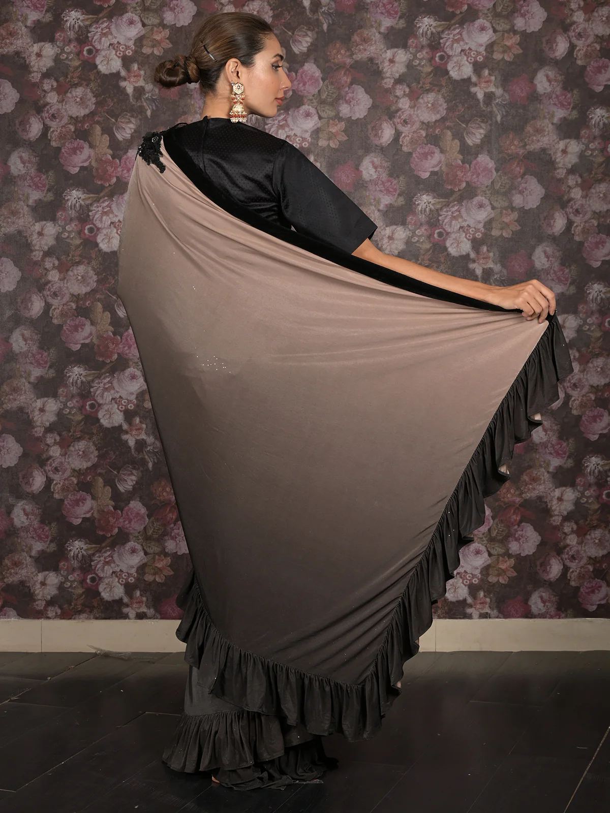 Odette Brown Embellished Lycra Ready-to-Wear Saree with Stitched Blouse for Women - Image 4