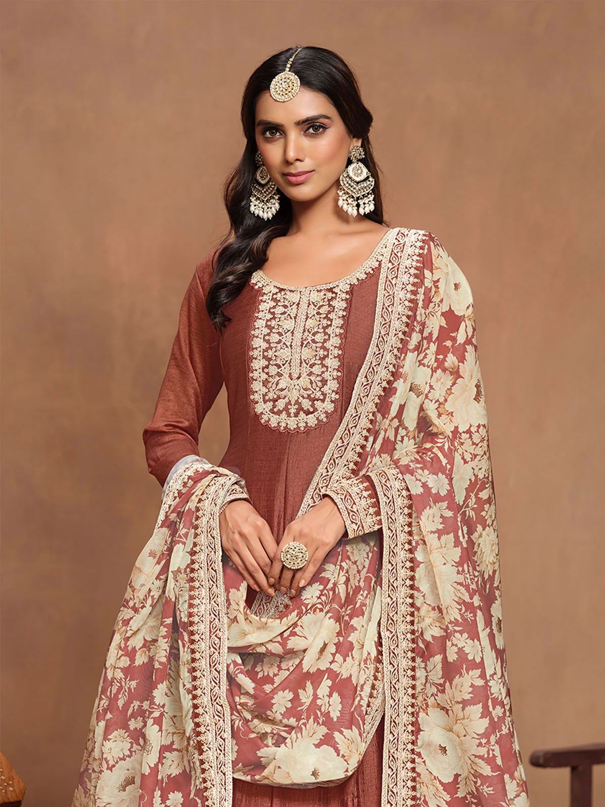Odette Brown Embroidered Art Silk Semi Stitched Gown With Dupatta For Women - Image 3