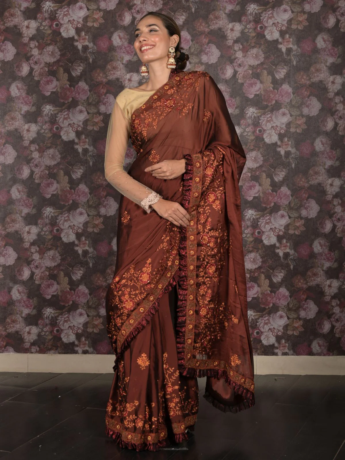 Odette Brown Embroidered Crepe Saree With Unstitched Blouse For Women - Image 2