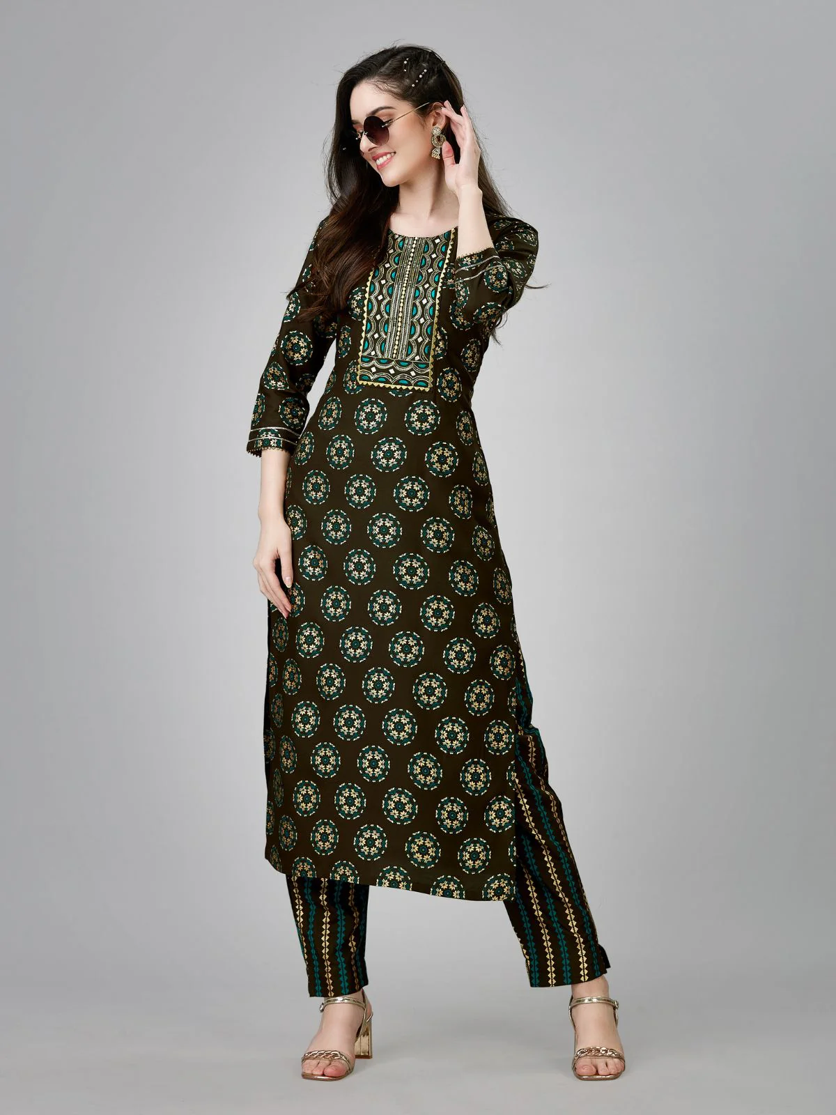 Odette Brown Embroidered Rayon Stitched Kurta Set For Women - Image 2