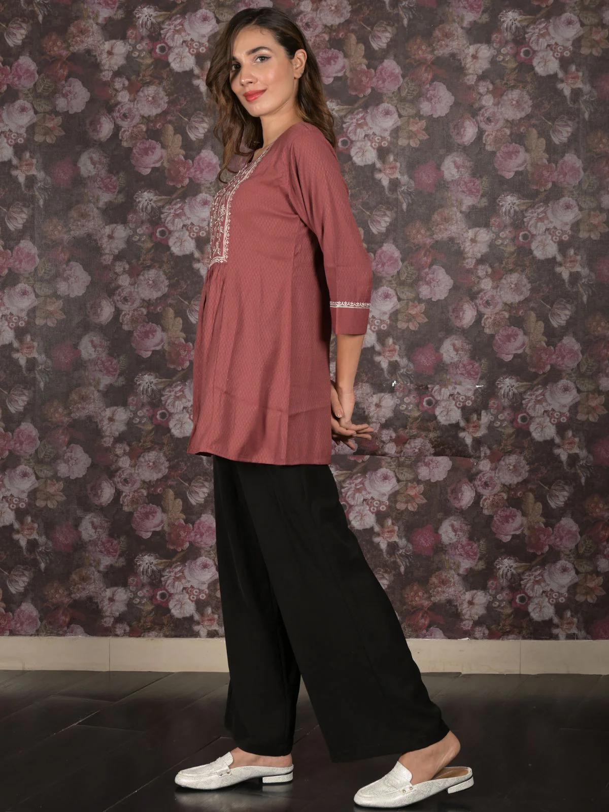 Odette Brown Flared Embroidered Stitched Kurta For Women - Image 2