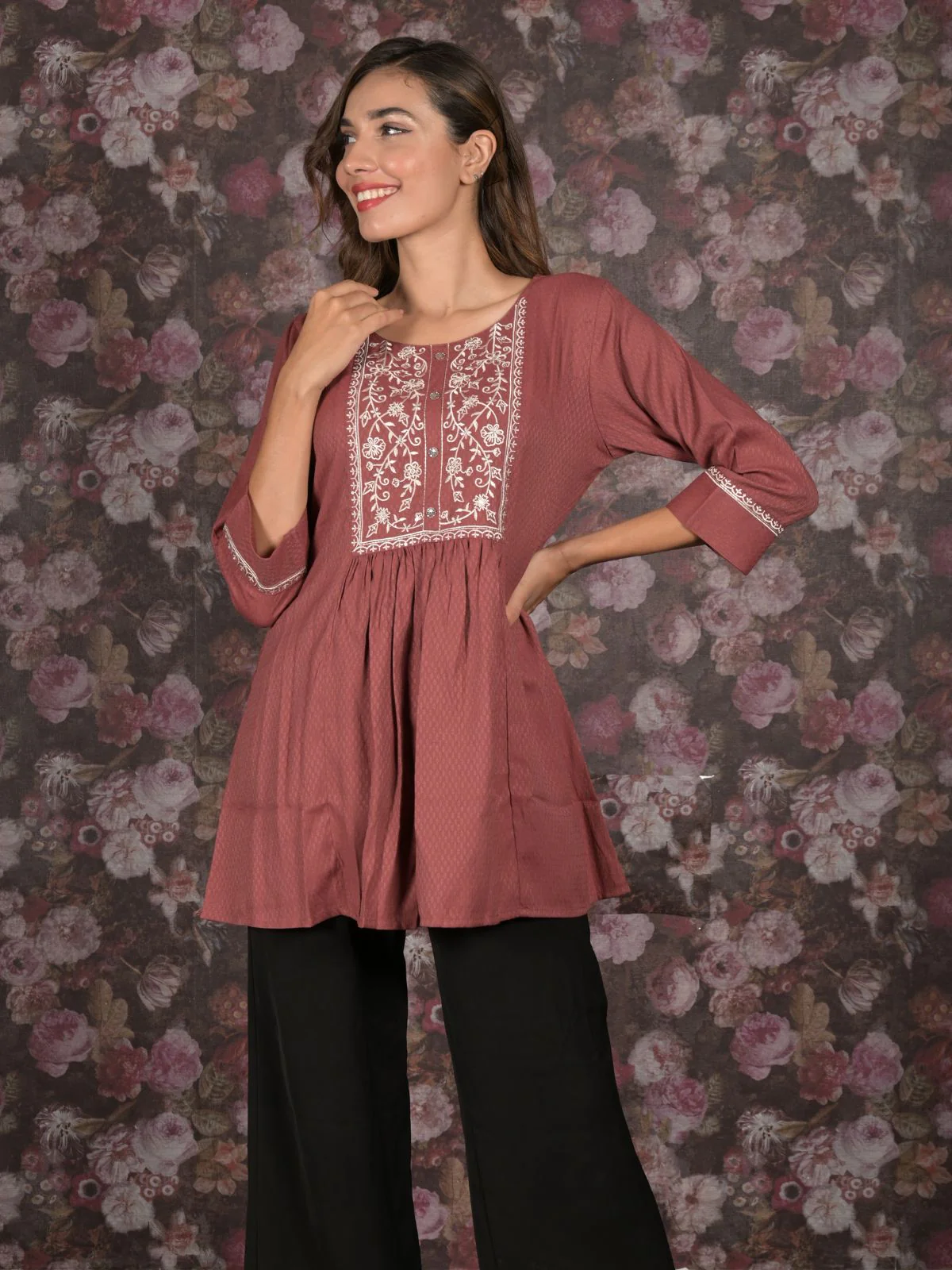 Odette Brown Flared Embroidered Stitched Kurta For Women - Image 3
