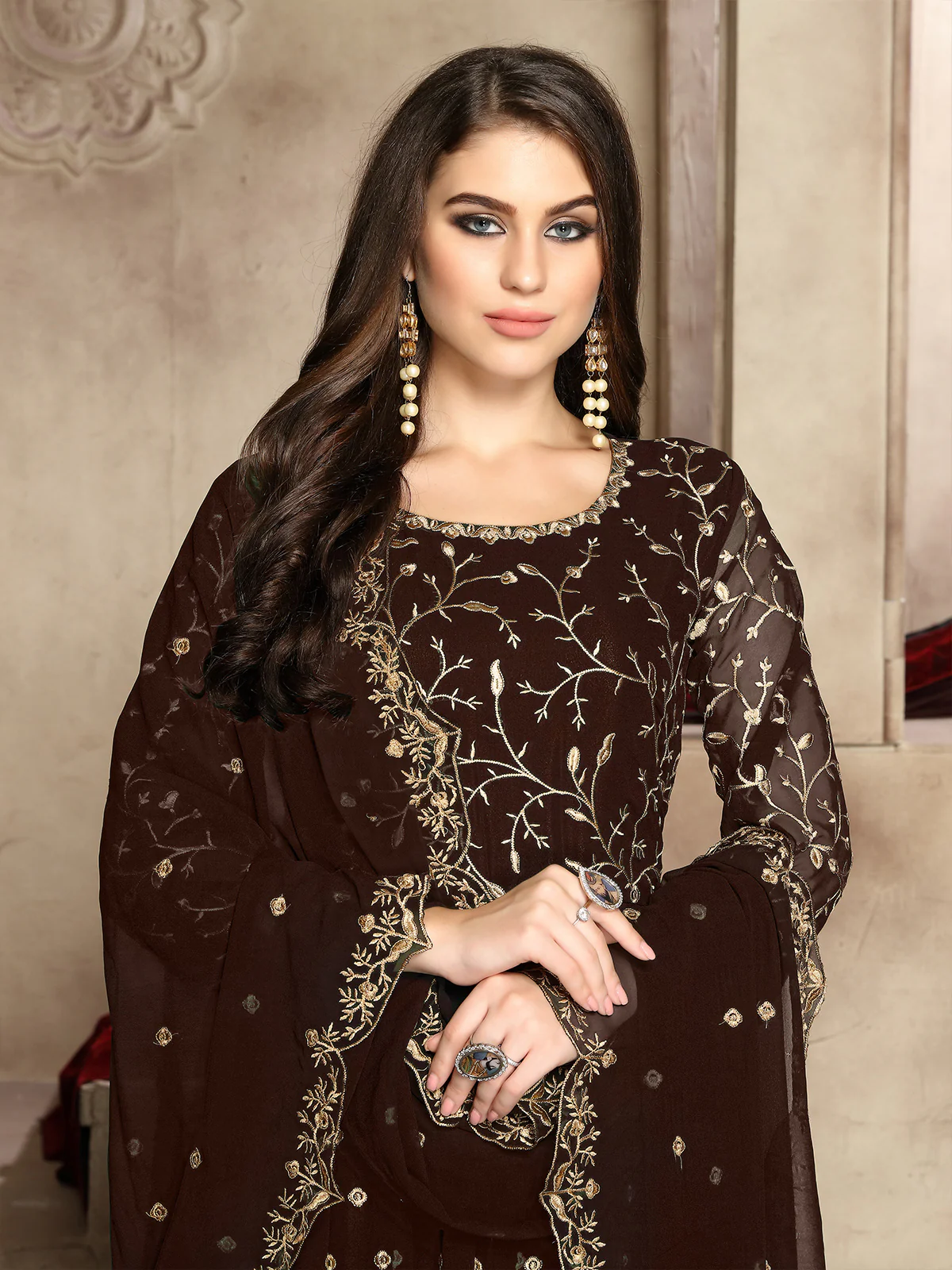 Odette Brown Georgette Embroidered Semi stitched Kurta Set For Women - Image 2