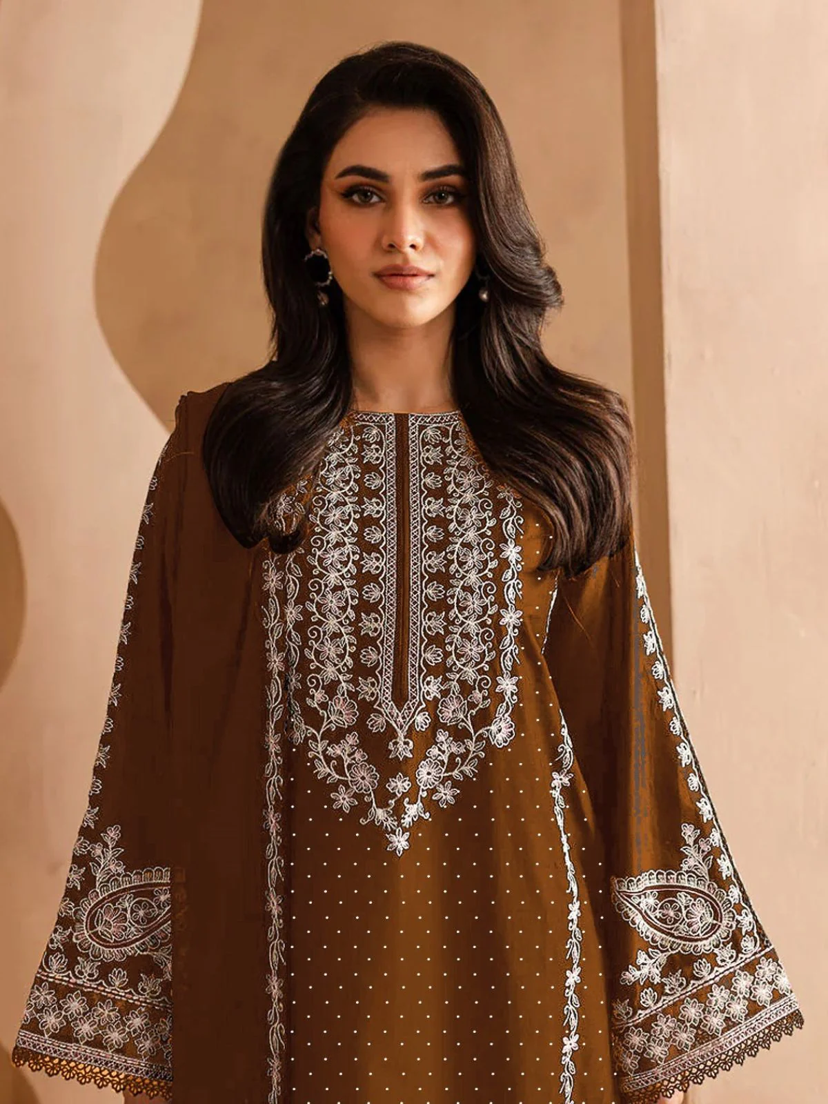 Odette Brown Georgette  Embroidered Semi-Stitched Kurta Set For Women - Image 2