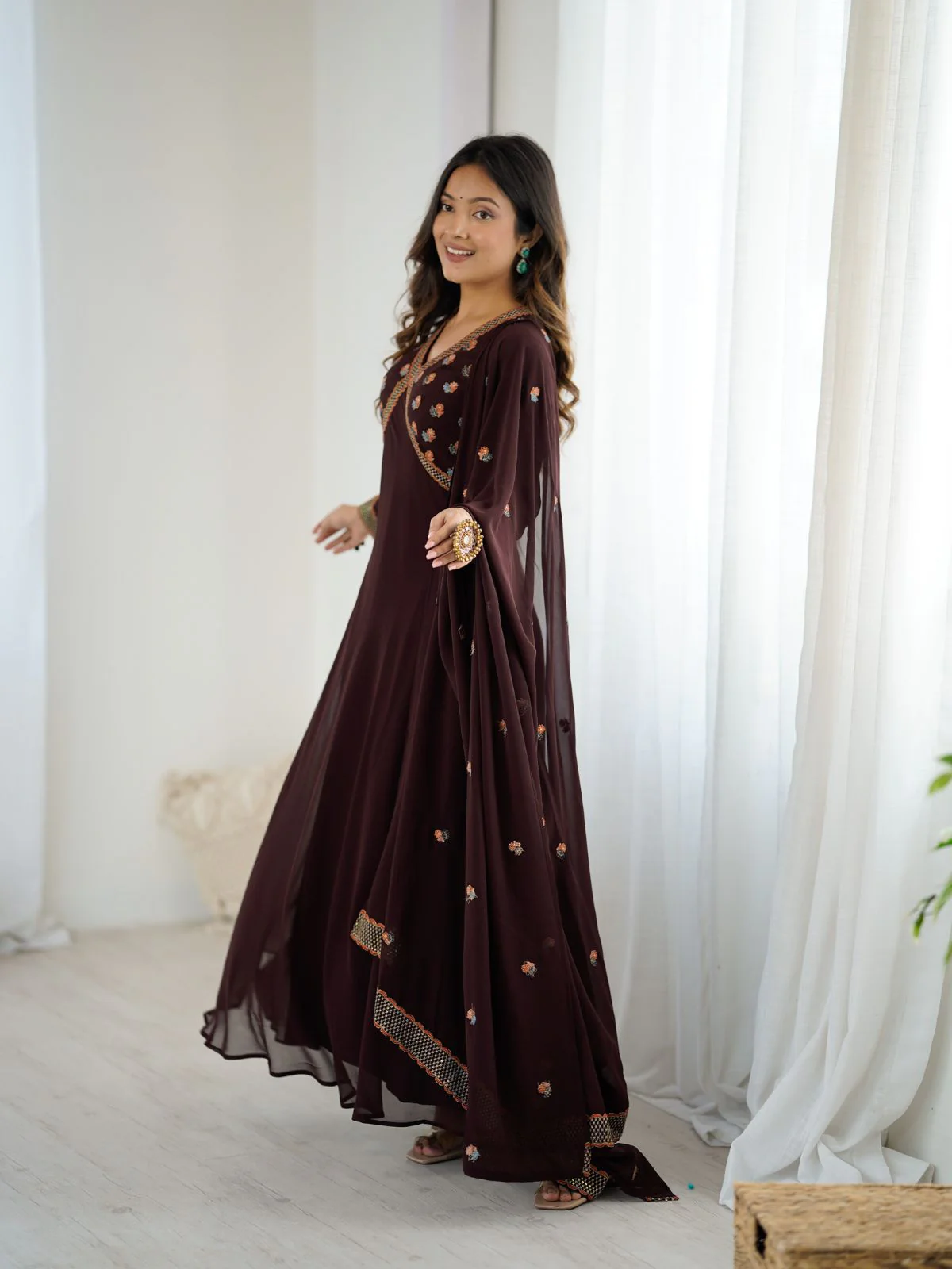 Odette Brown Georgette Embroidered Stitched Kurta Set For Women - Image 3