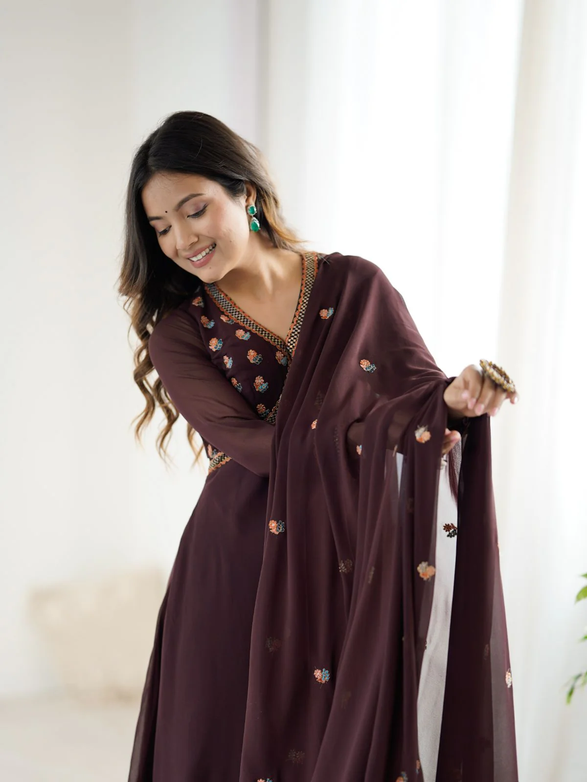 Odette Brown Georgette Embroidered Stitched Kurta Set For Women - Image 4