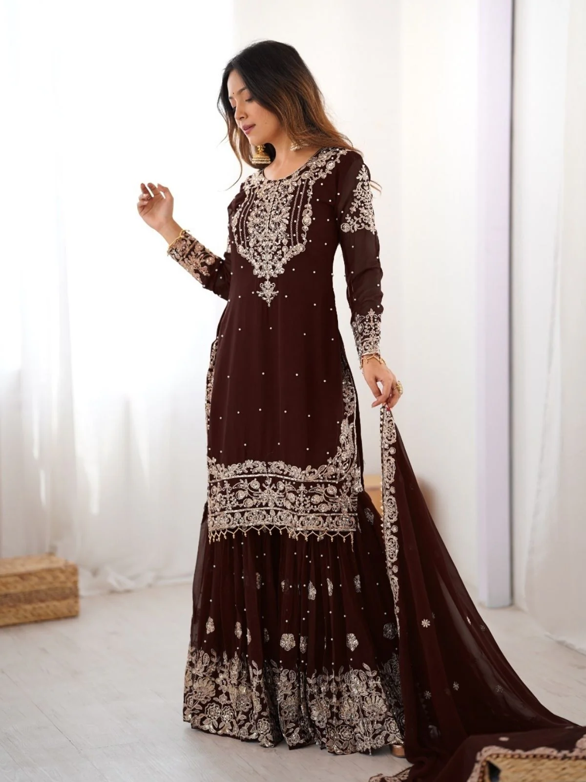Odette Brown Georgette Embroidered Stitched Kurta Set For Women - Image 4