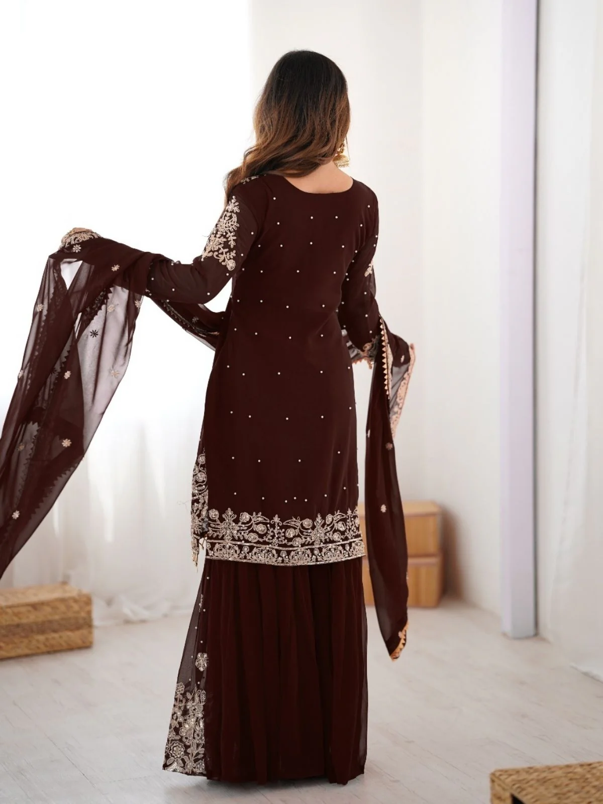 Odette Brown Georgette Embroidered Stitched Kurta Set For Women - Image 5