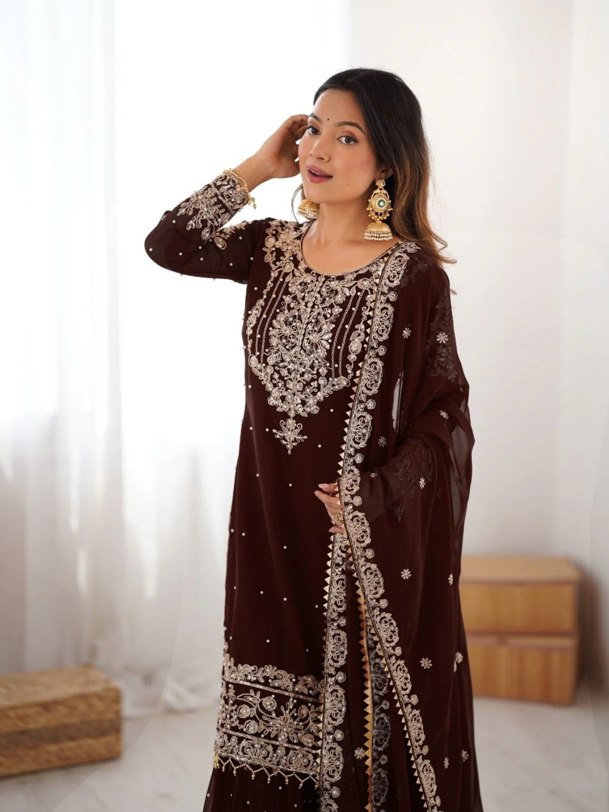 Odette Brown Georgette Embroidered Stitched Kurta Set For Women - Image 6