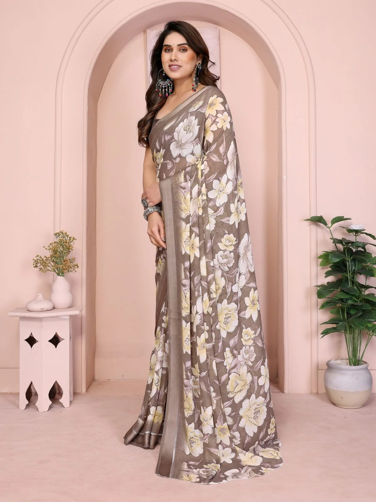 Odette Brown Georgette Floral Print Saree For Women - Image 2