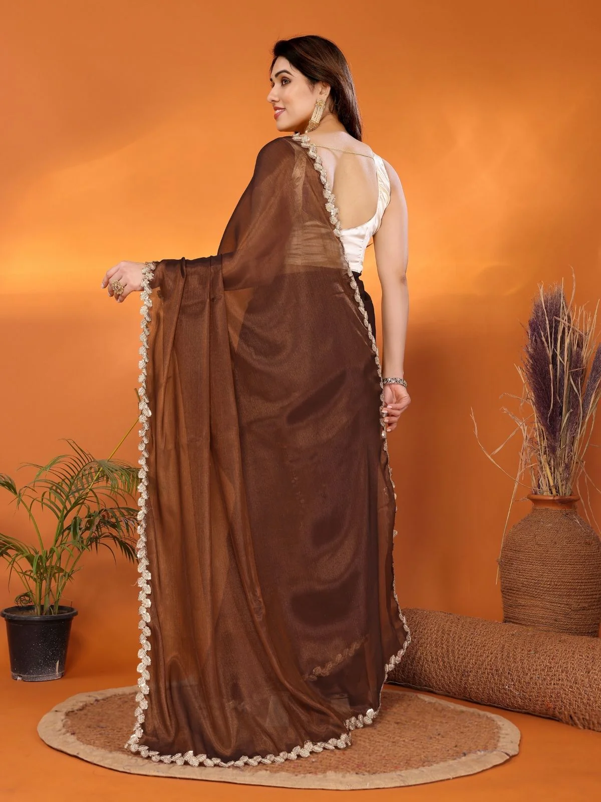 Odette Brown Georgette Lace Work Saree For Women - Image 3