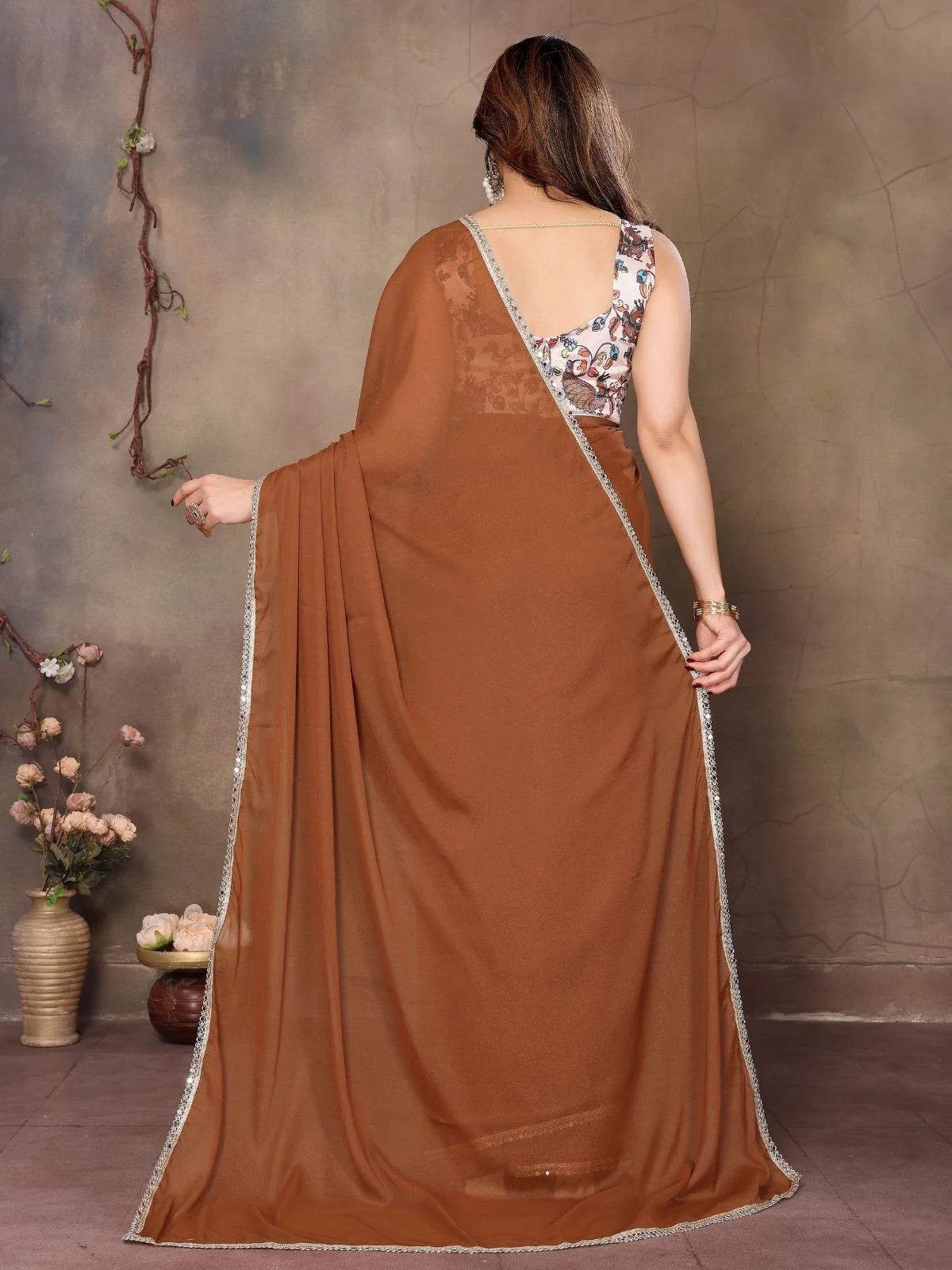 Odette Brown Georgette Plain Saree With Unstitched Blouse For Women - Image 2