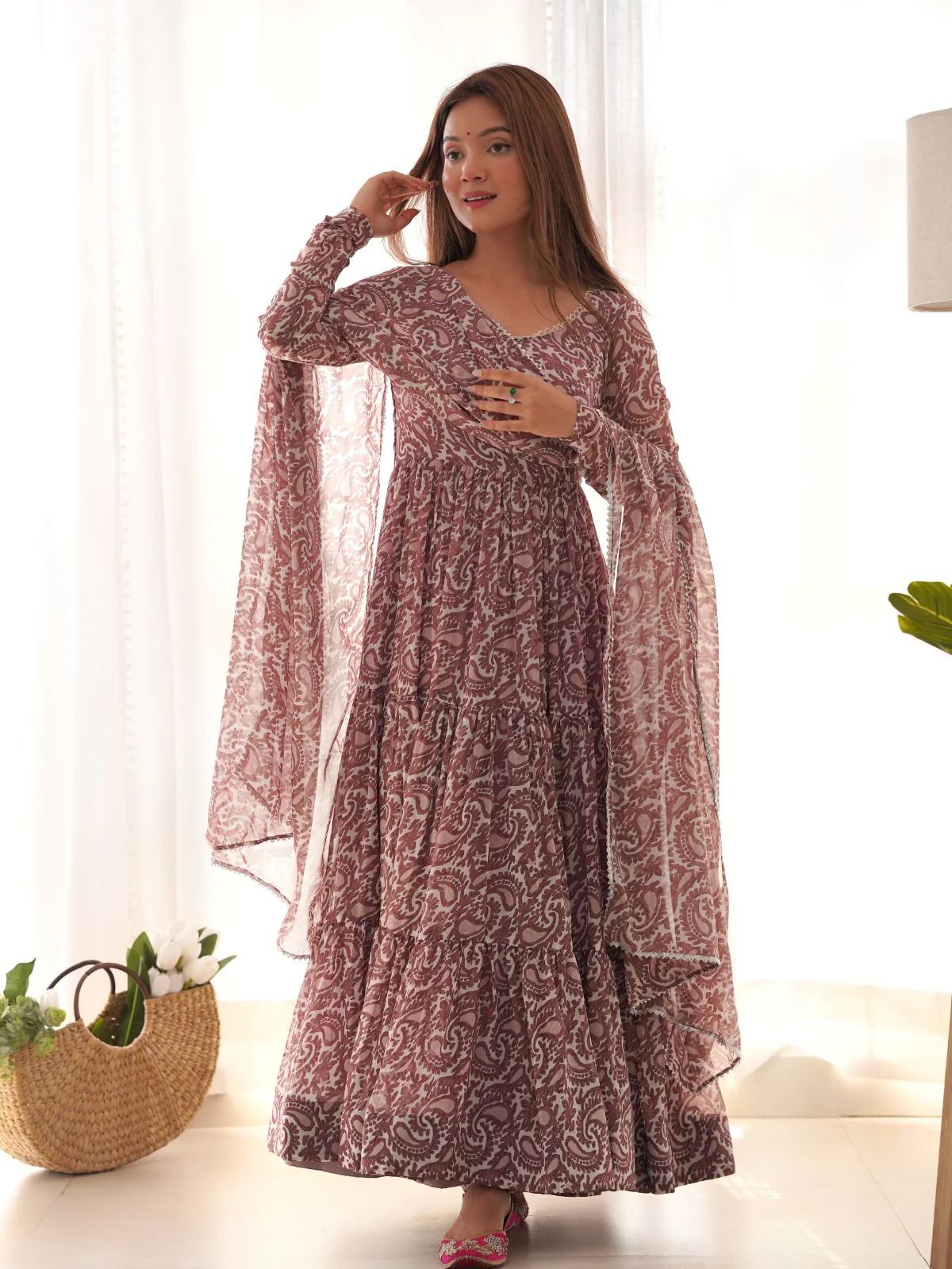 Odette Brown Georgette Printed Kurta Set For Women - Image 2