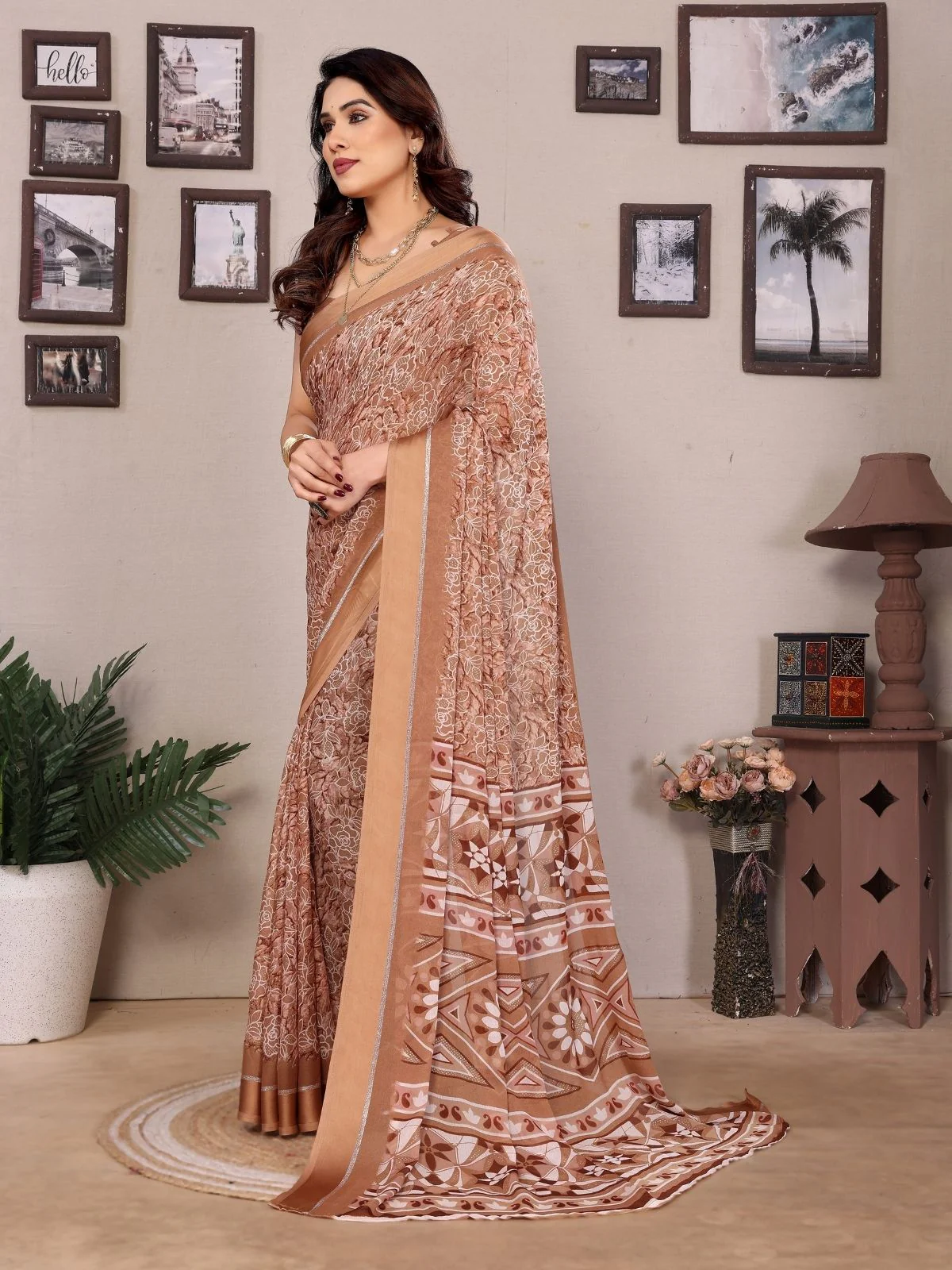 Odette Brown Georgette Printed Saree For Women - Image 2