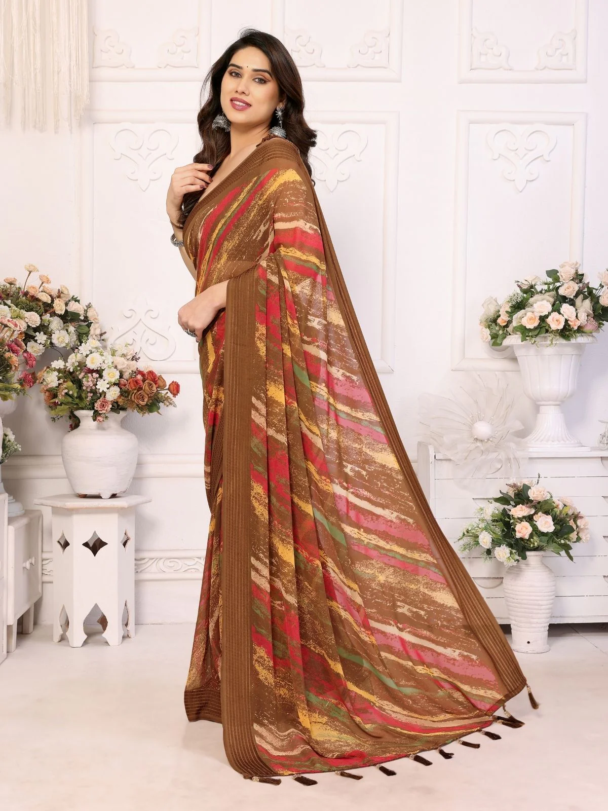 Odette Brown Georgette Printed Saree For Women - Image 2