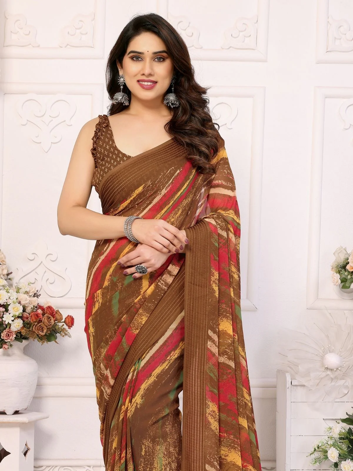 Odette Brown Georgette Printed Saree For Women - Image 4