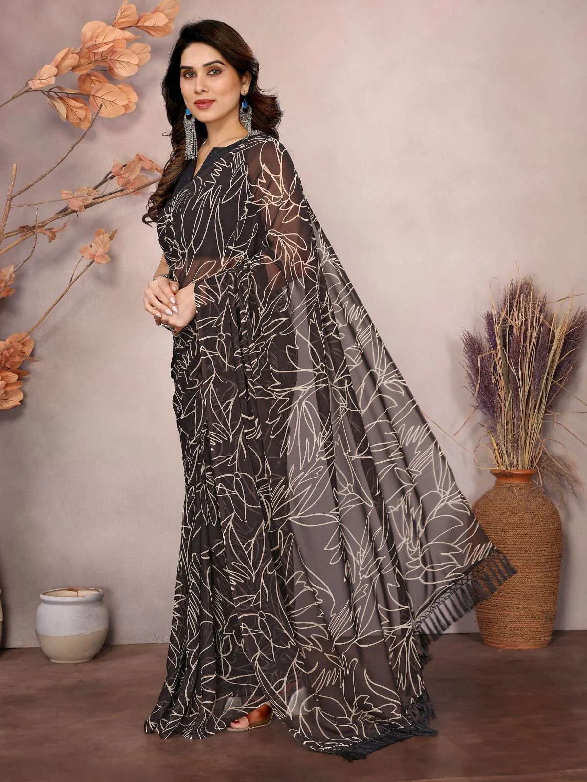 Odette Brown Georgette Printed Saree With Unstitched Blouse For Women - Image 2