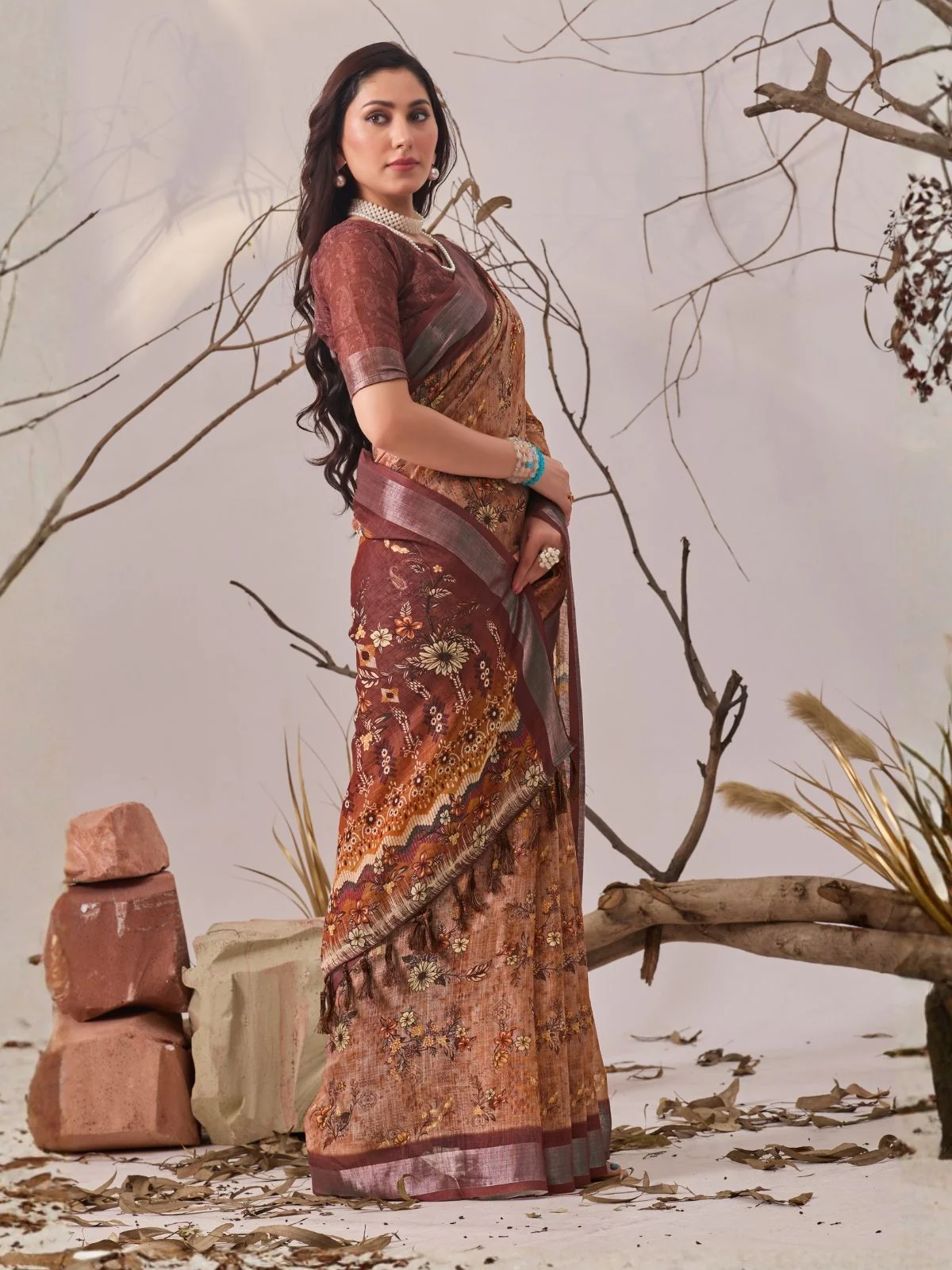 Odette Brown Linen Cotton Printed Saree For Women - Image 3