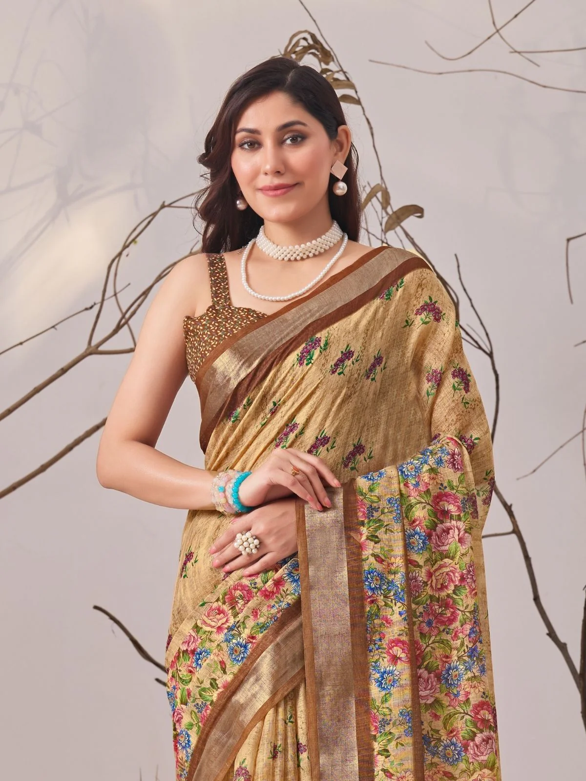 Odette Brown Linen Cotton Printed Saree For Women - Image 4