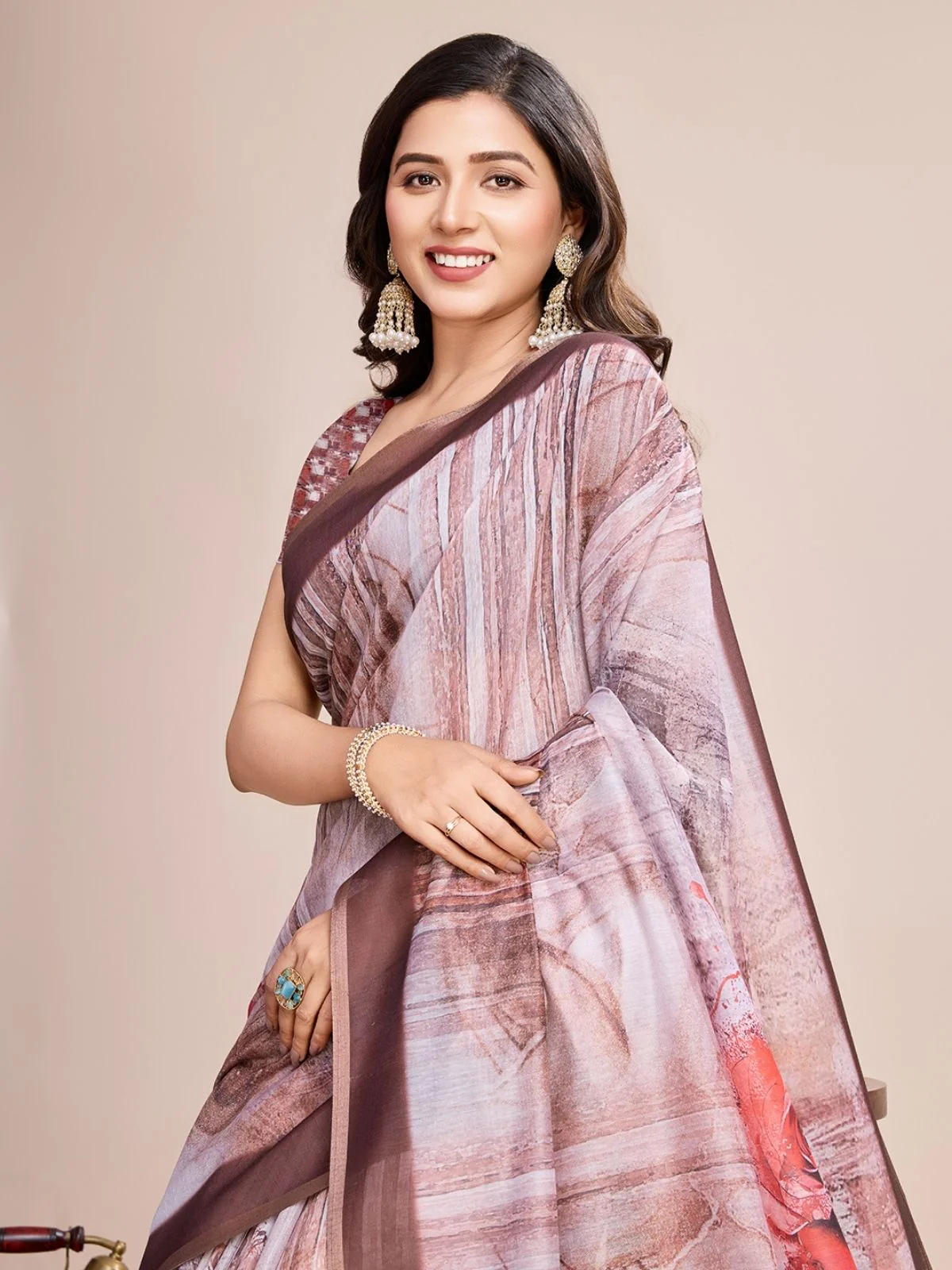Odette Brown Linen Printed Saree With Unstitched Blouse For Women - Image 3