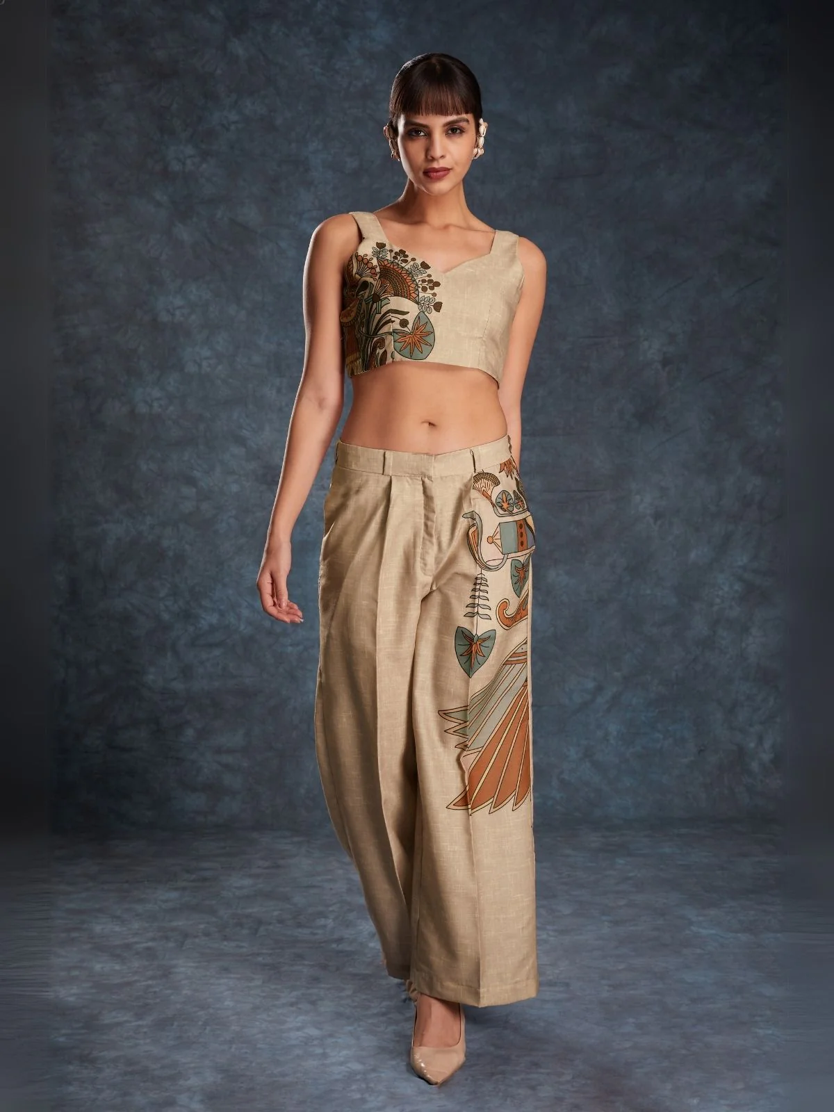 Odette Brown Linen Printed Stitched Co-Ord Set For Women - Image 2