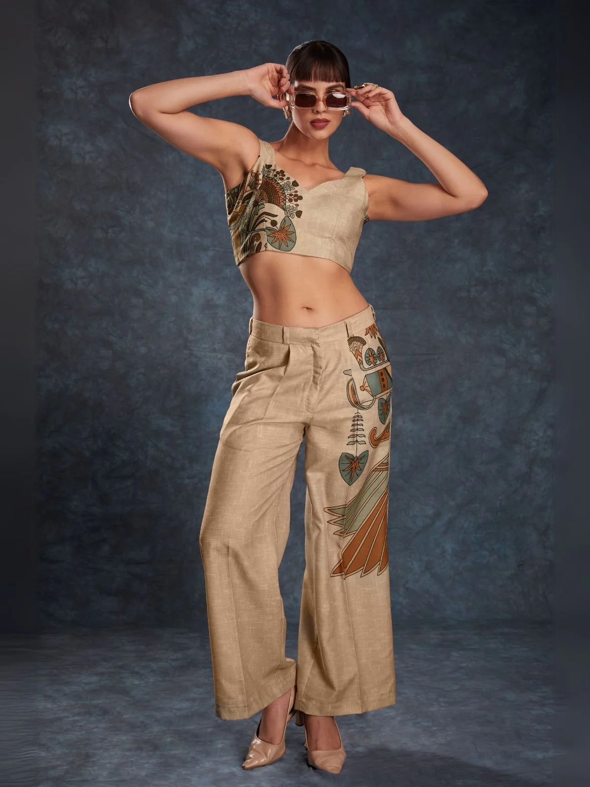 Odette Brown Linen Printed Stitched Co-Ord Set For Women - Image 6