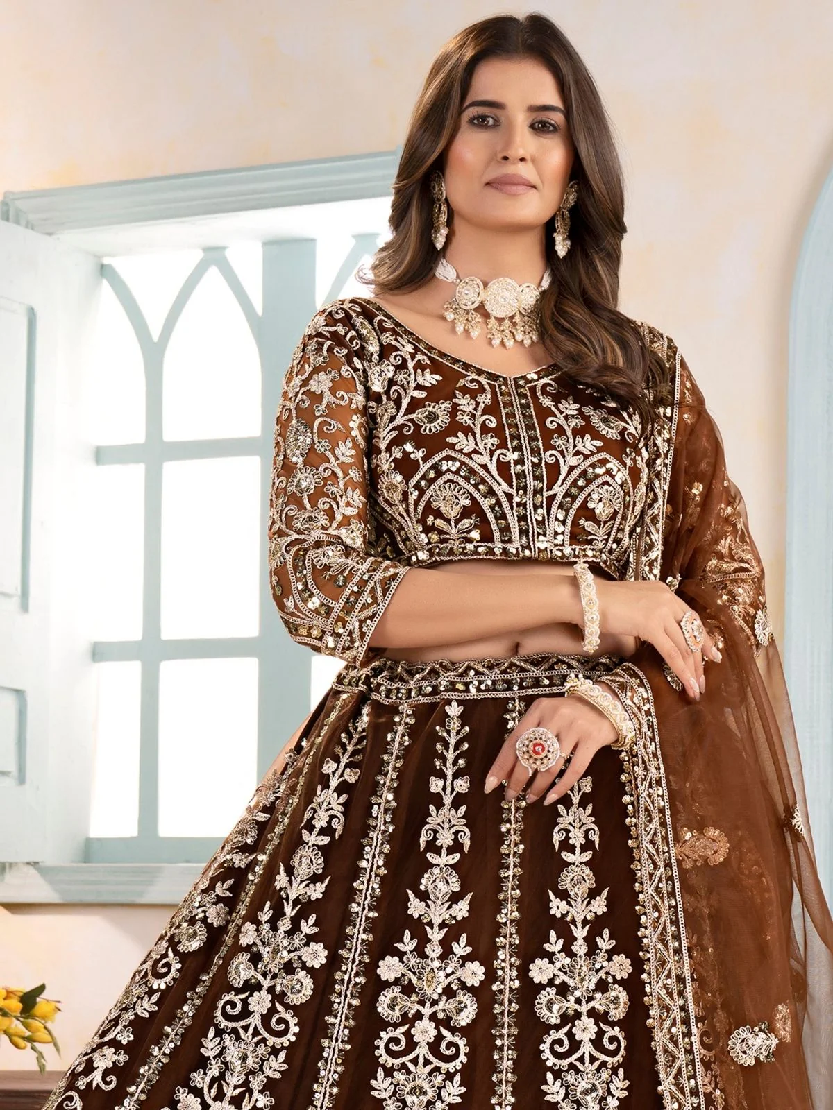 Odette Brown Net Embellished Semi Stitched Lehenga For Women - Image 4