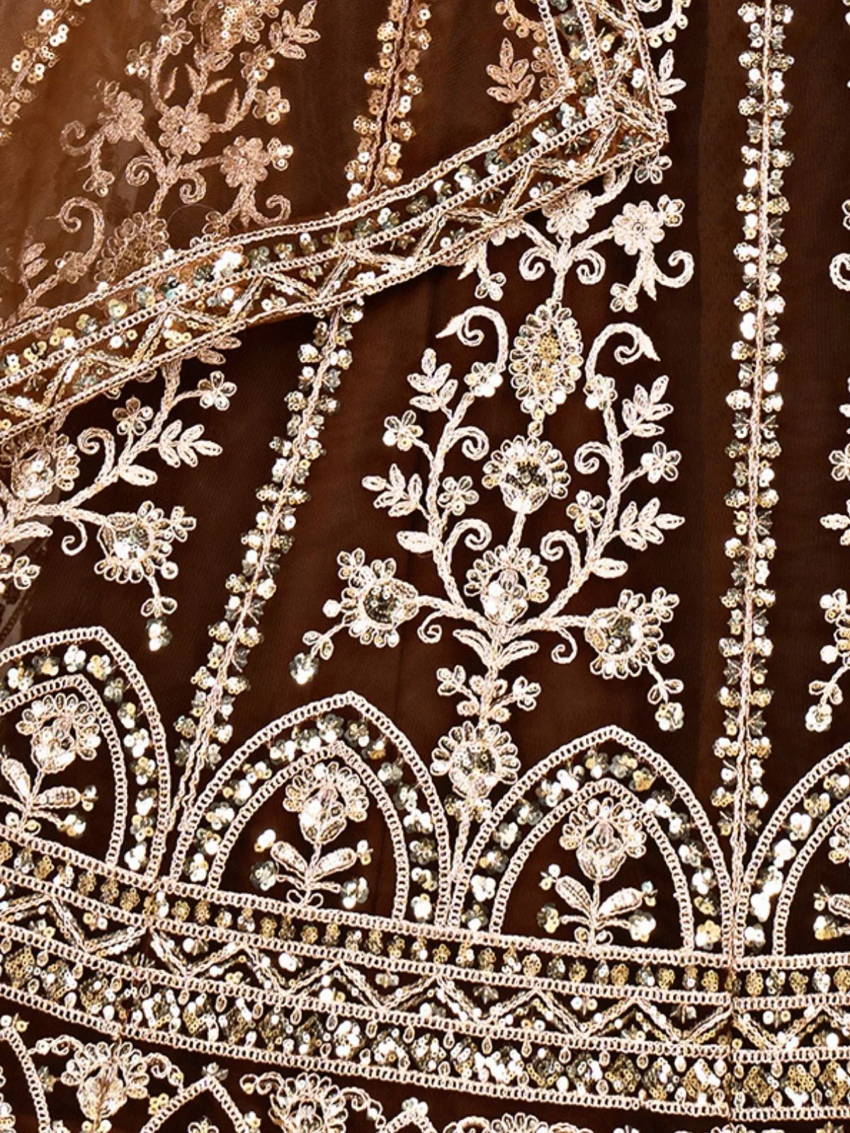 Odette Brown Net Embellished Semi Stitched Lehenga For Women - Image 5