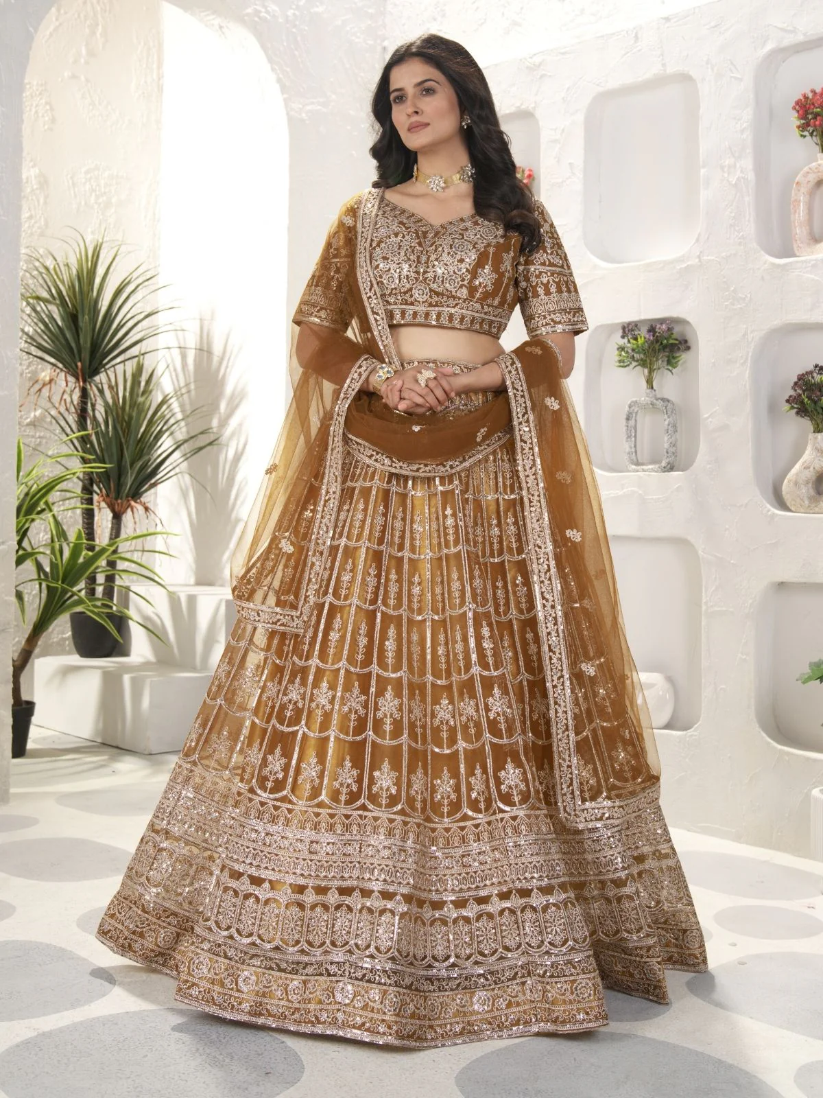 Odette Brown Net Embellished Semi Stitched Lehenga For Women - Image 2