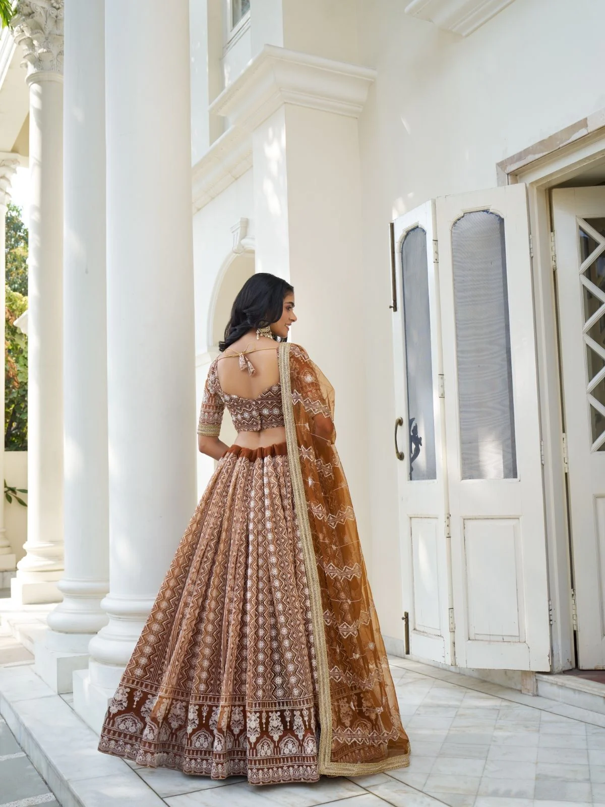 Odette Brown Net Embroidered Semi Stitched Lehenga For Women - Image 3