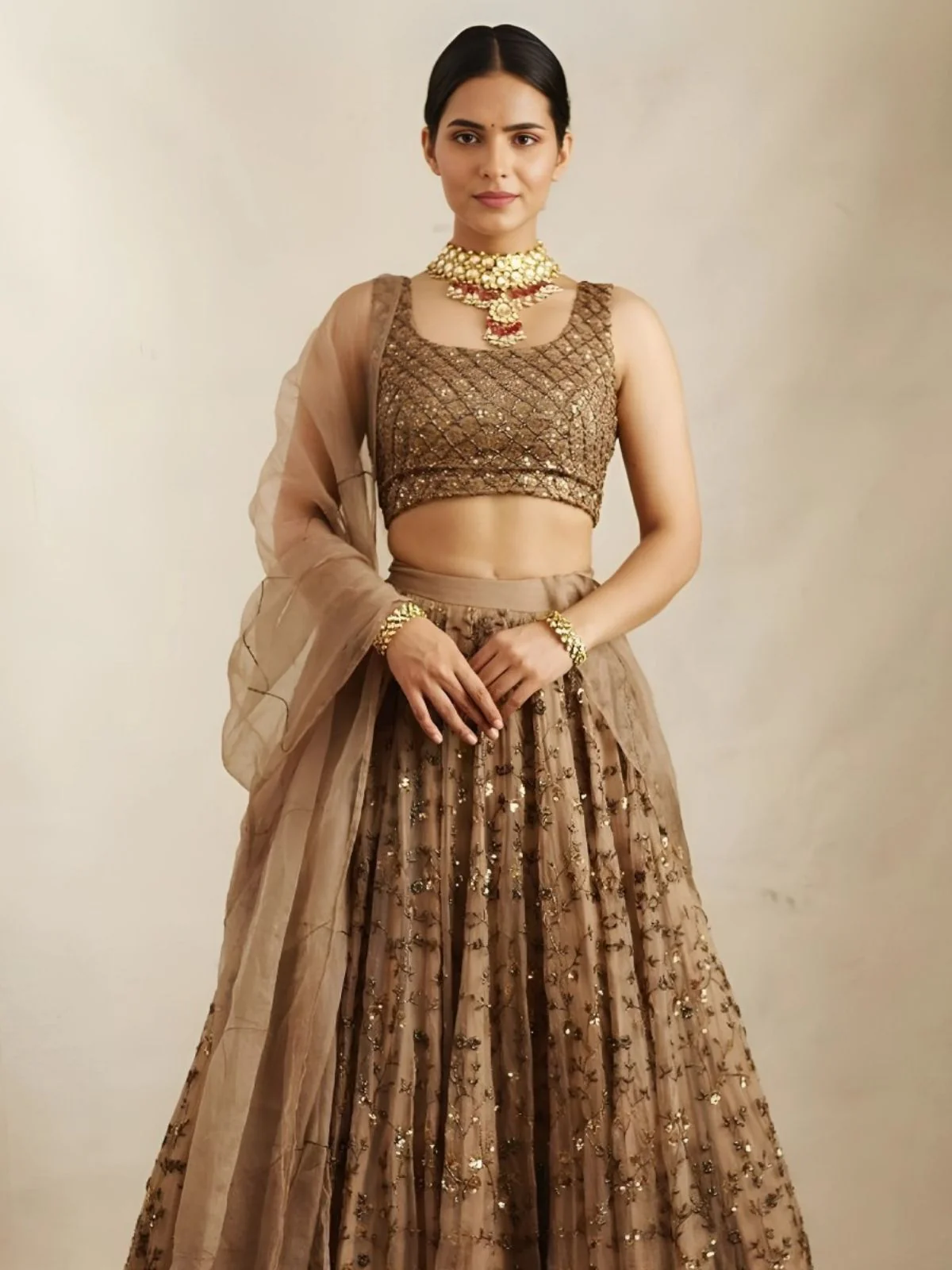 Odette Brown Net Embroidered Semi-Stitched Lehenga For Women - Image 2