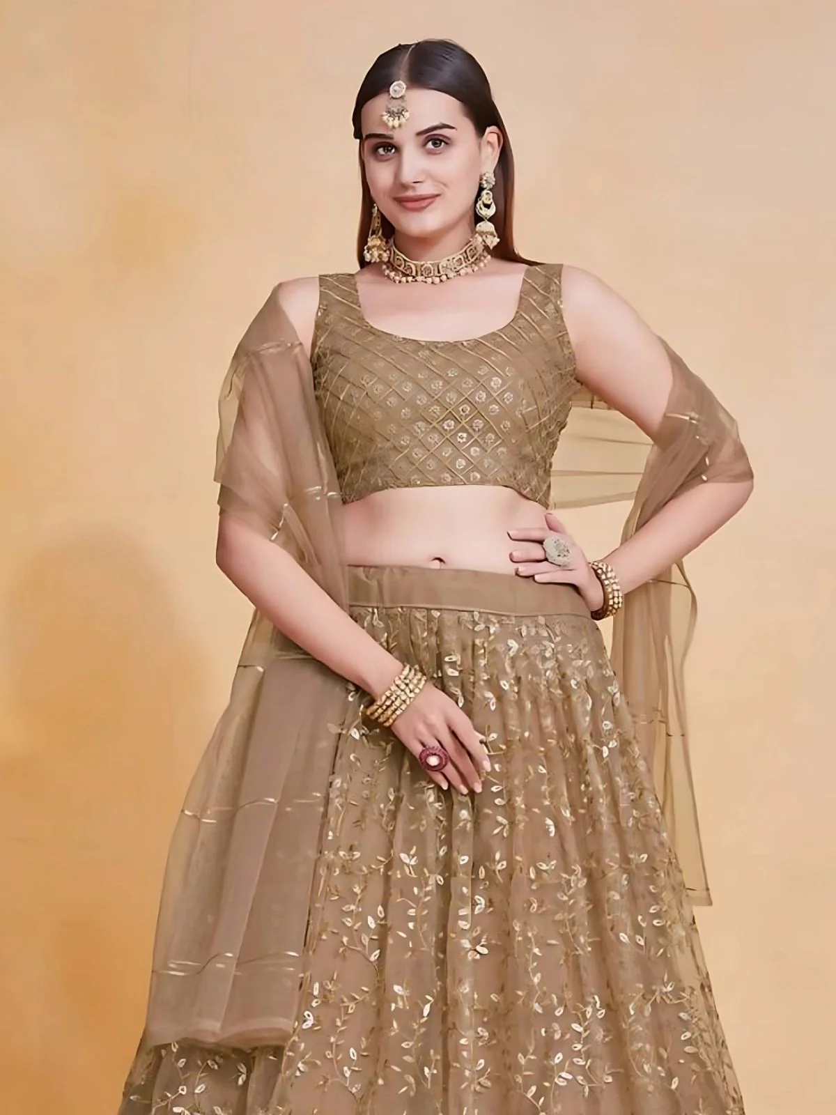 Odette Brown Net Embroidered Semi-Stitched Lehenga For Women - Image 4
