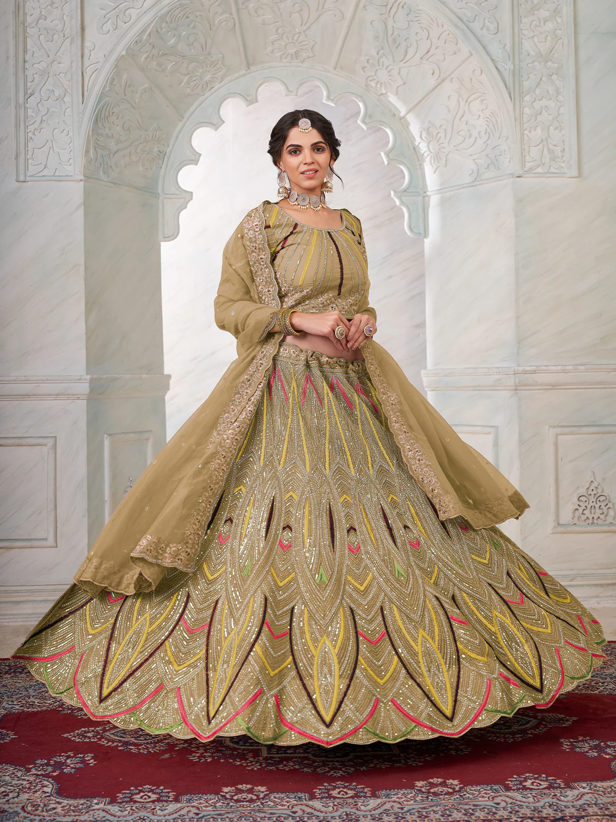 Odette Brown Net Embroidered Semi Stitched Lehenga With Unstitched Blouse for Women - Image 2