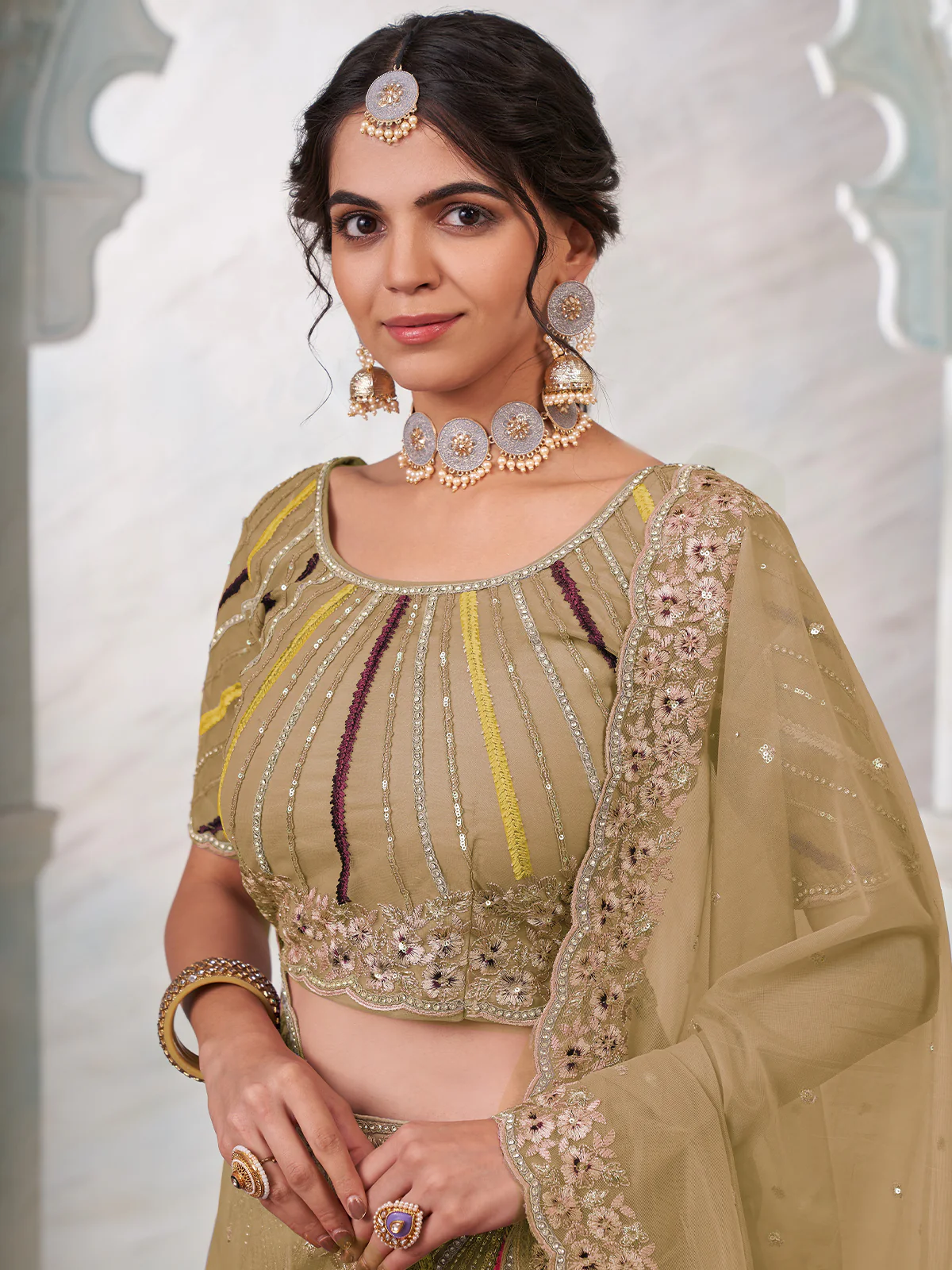Odette Brown Net Embroidered Semi Stitched Lehenga With Unstitched Blouse for Women - Image 4