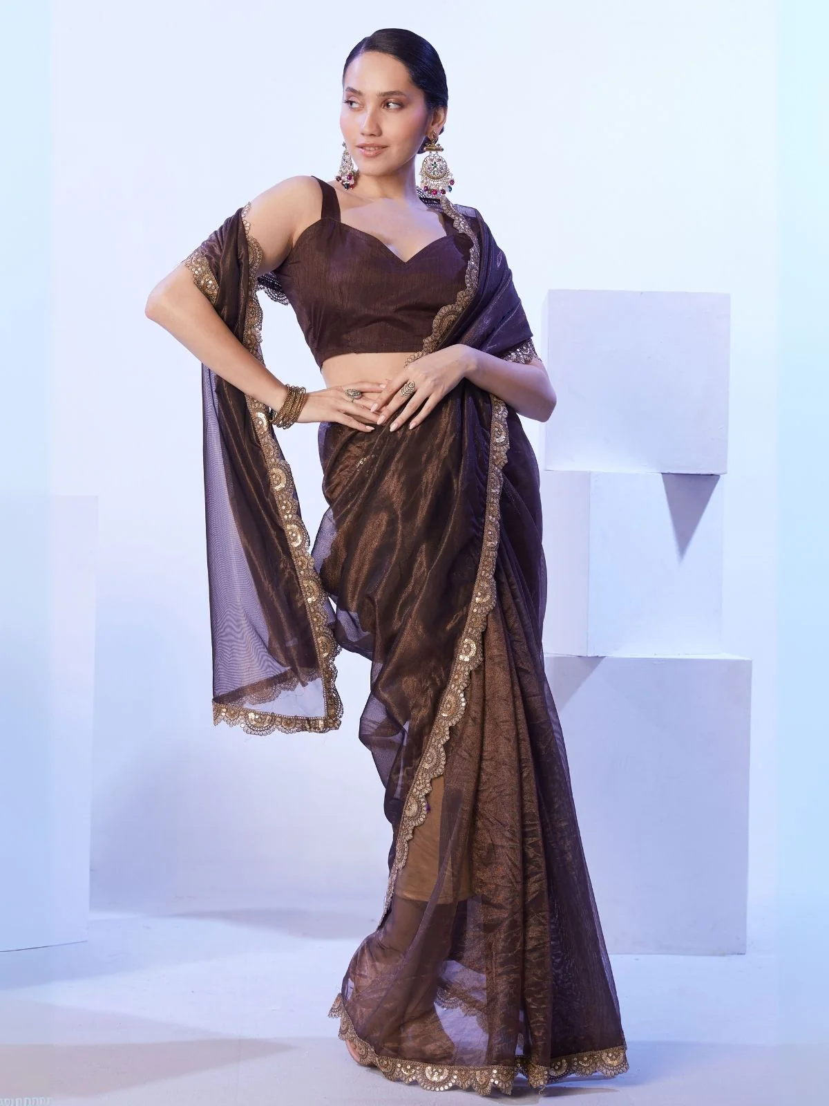 Odette Brown Net Lace Work Saree With Unstitched Blouse For Women - Image 2
