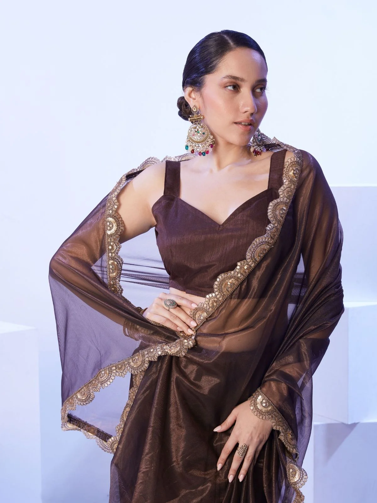Odette Brown Net Lace Work Saree With Unstitched Blouse For Women - Image 4