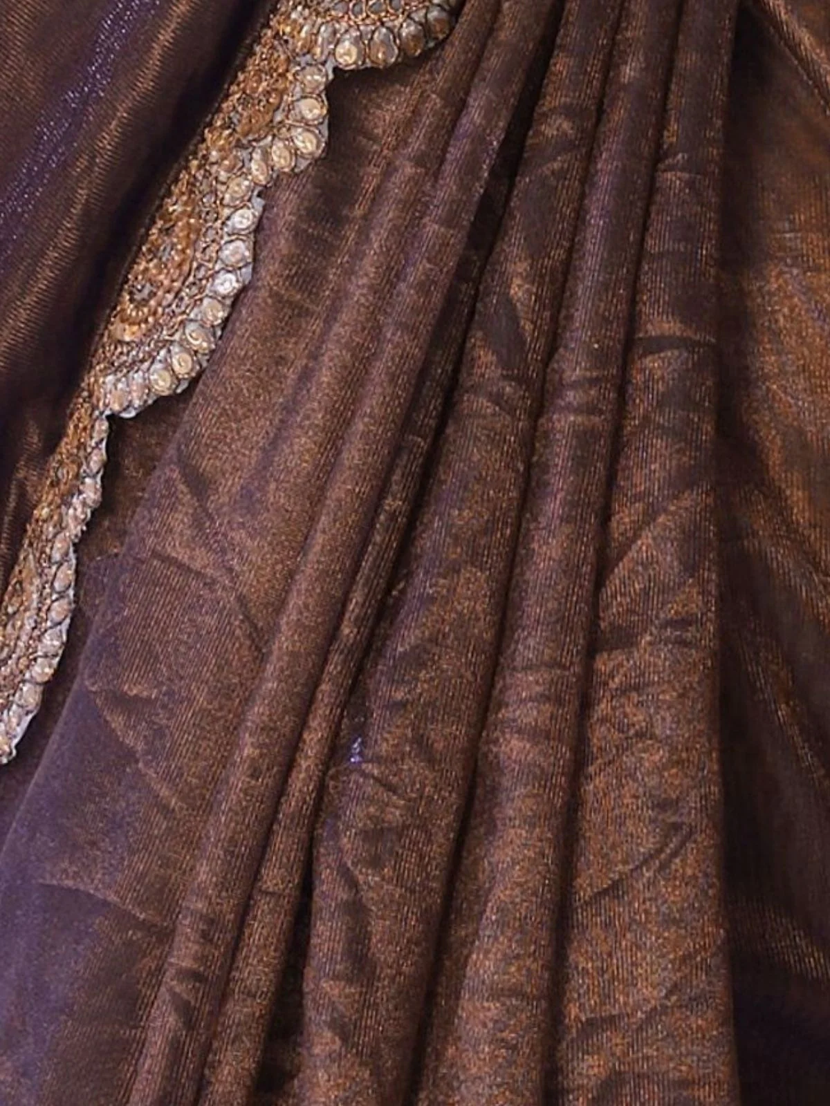 Odette Brown Net Lace Work Saree With Unstitched Blouse For Women - Image 6